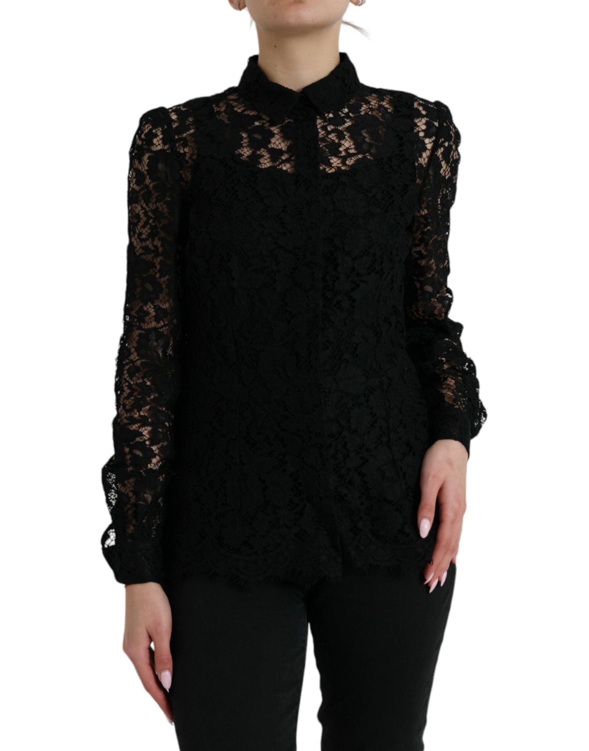 Dolce &amp; Gabbana Black Floral Lace Long Sleeves Blouse Top