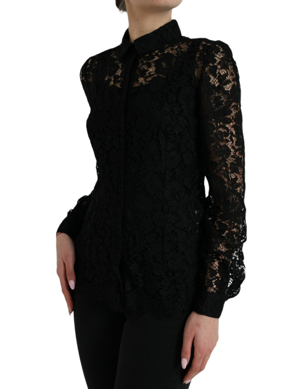 Dolce &amp; Gabbana Black Floral Lace Long Sleeves Blouse Top