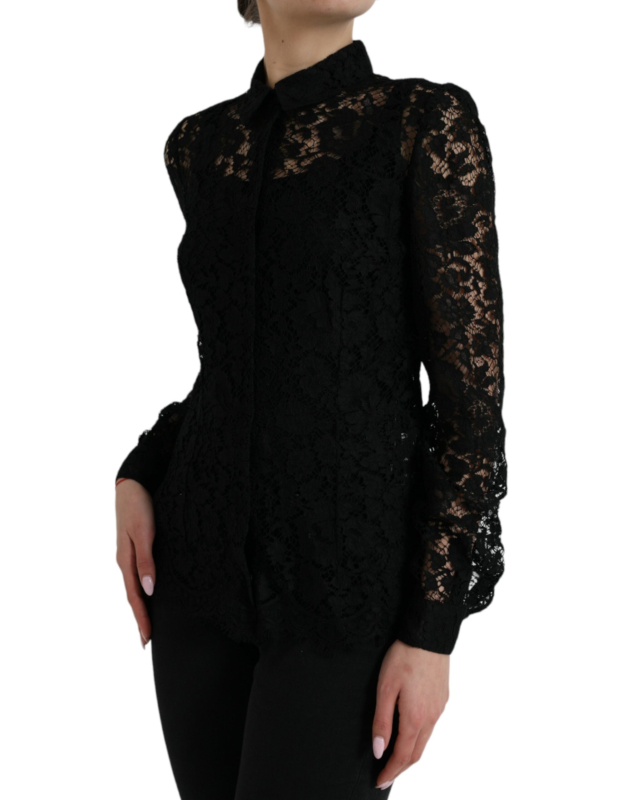 Dolce &amp; Gabbana Black Floral Lace Long Sleeves Blouse Top