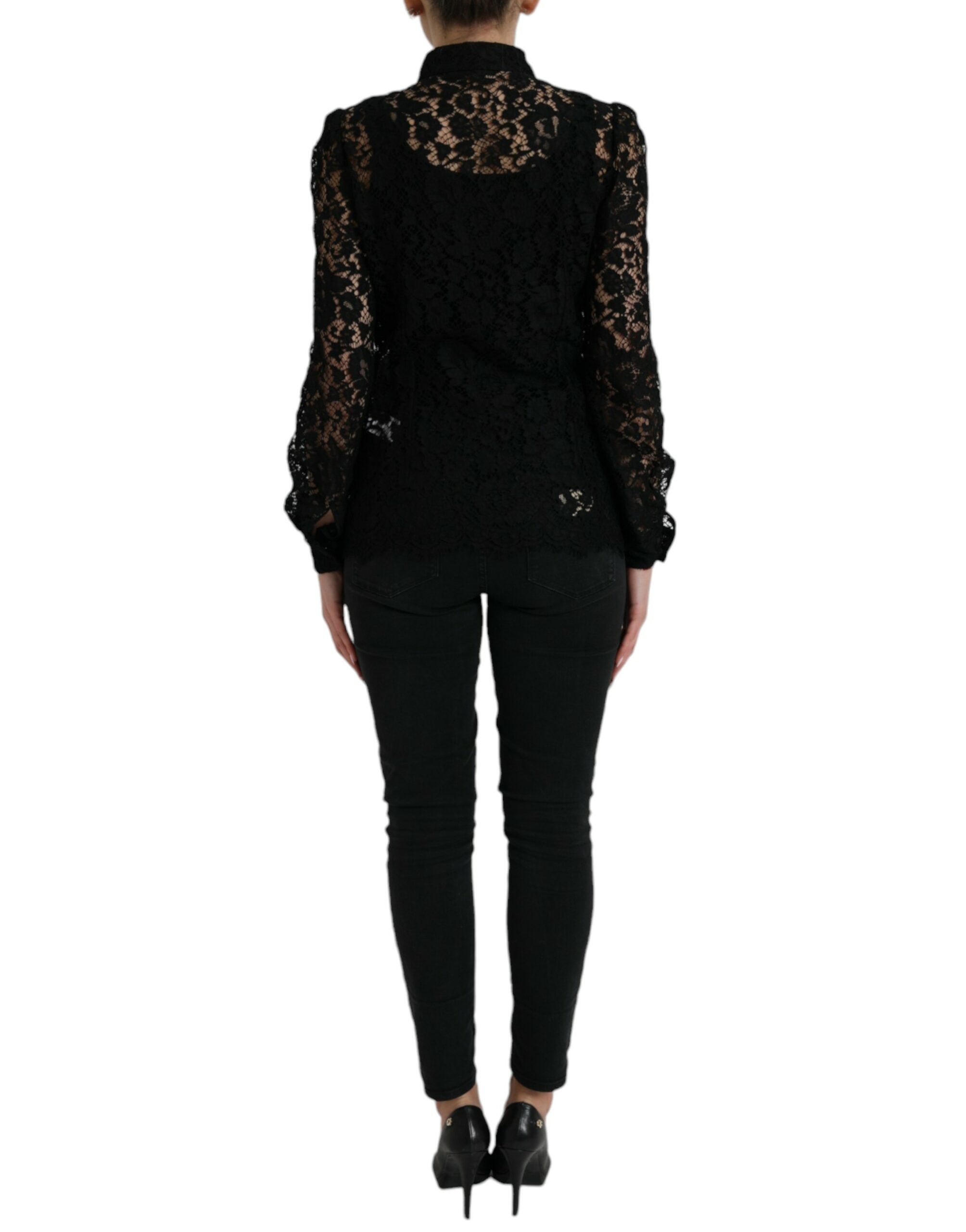 Dolce &amp; Gabbana Black Floral Lace Long Sleeves Blouse Top