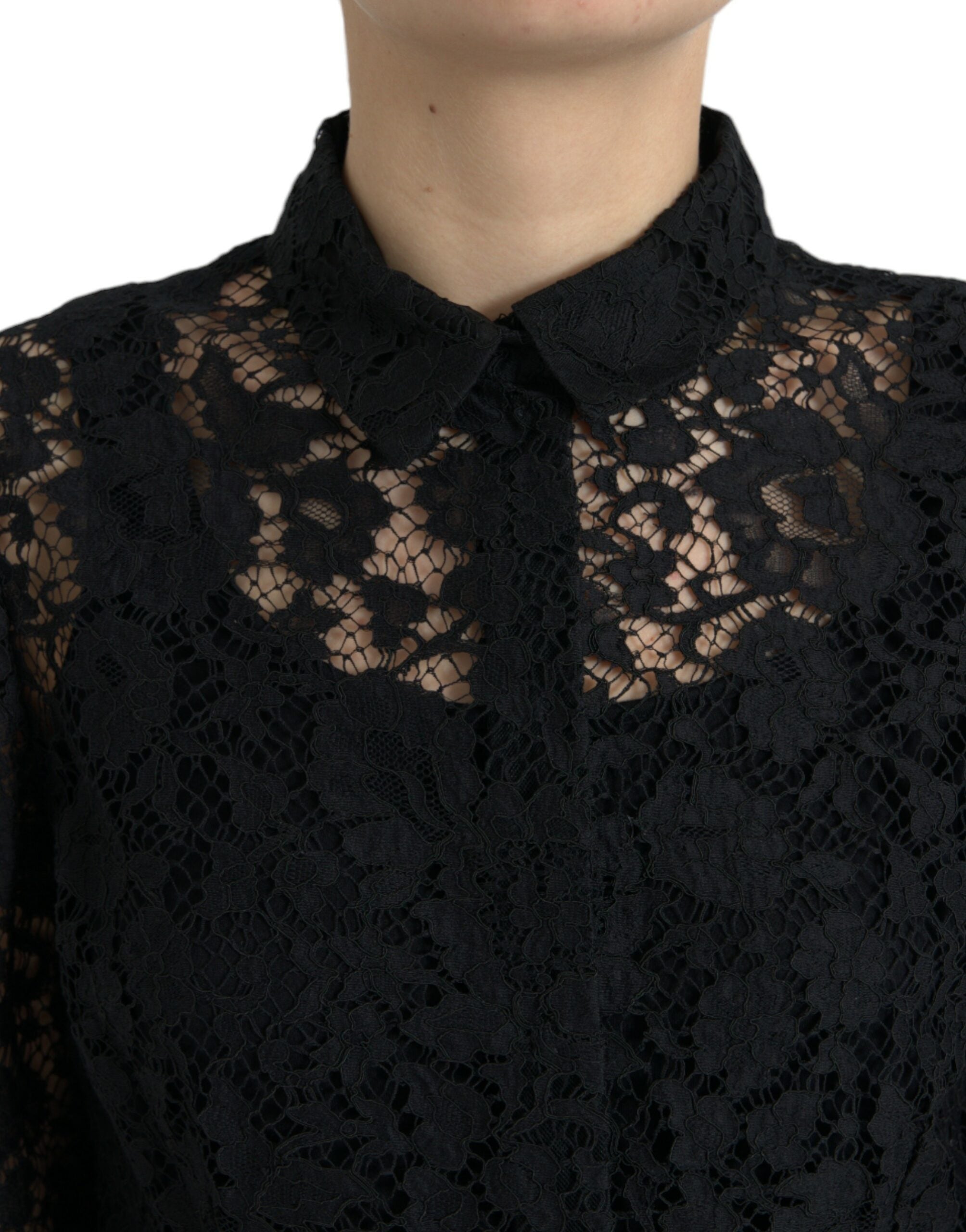 Dolce &amp; Gabbana Black Floral Lace Long Sleeves Blouse Top