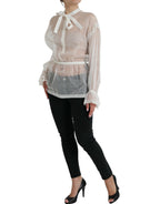 Dolce &amp; Gabbana White Silk Long Sleeves Ascot Collar Top