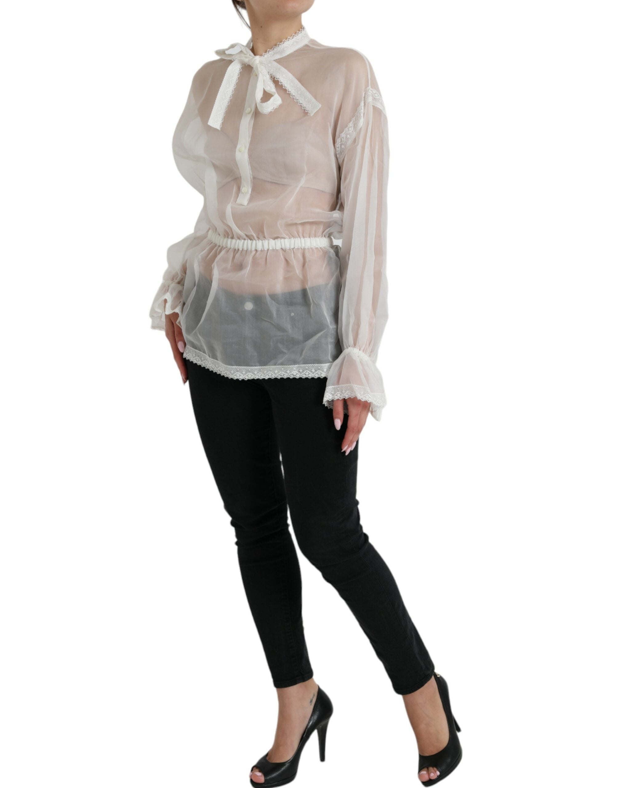 Dolce &amp; Gabbana White Silk Long Sleeves Ascot Collar Top