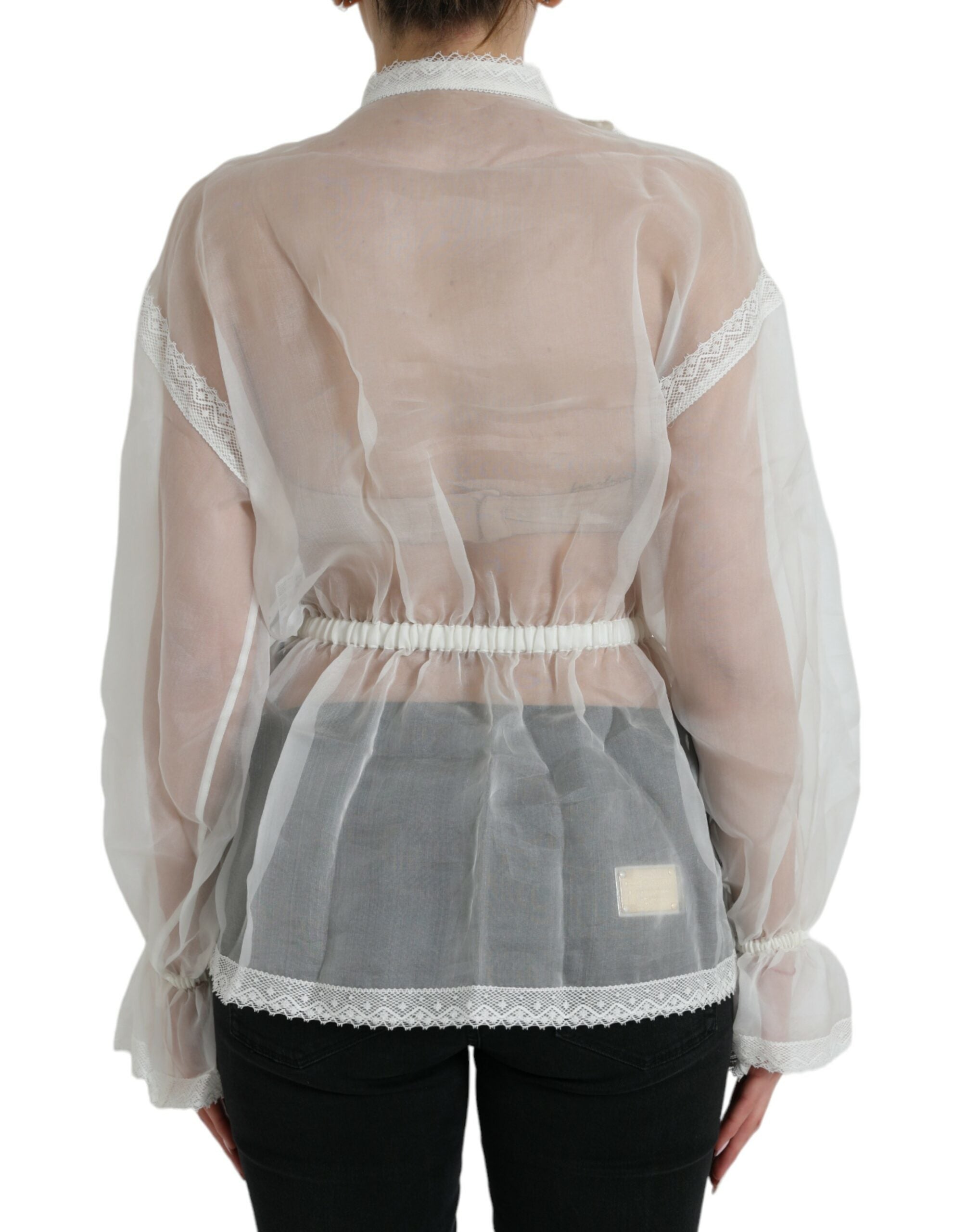 Dolce &amp; Gabbana White Silk Long Sleeves Ascot Collar Top