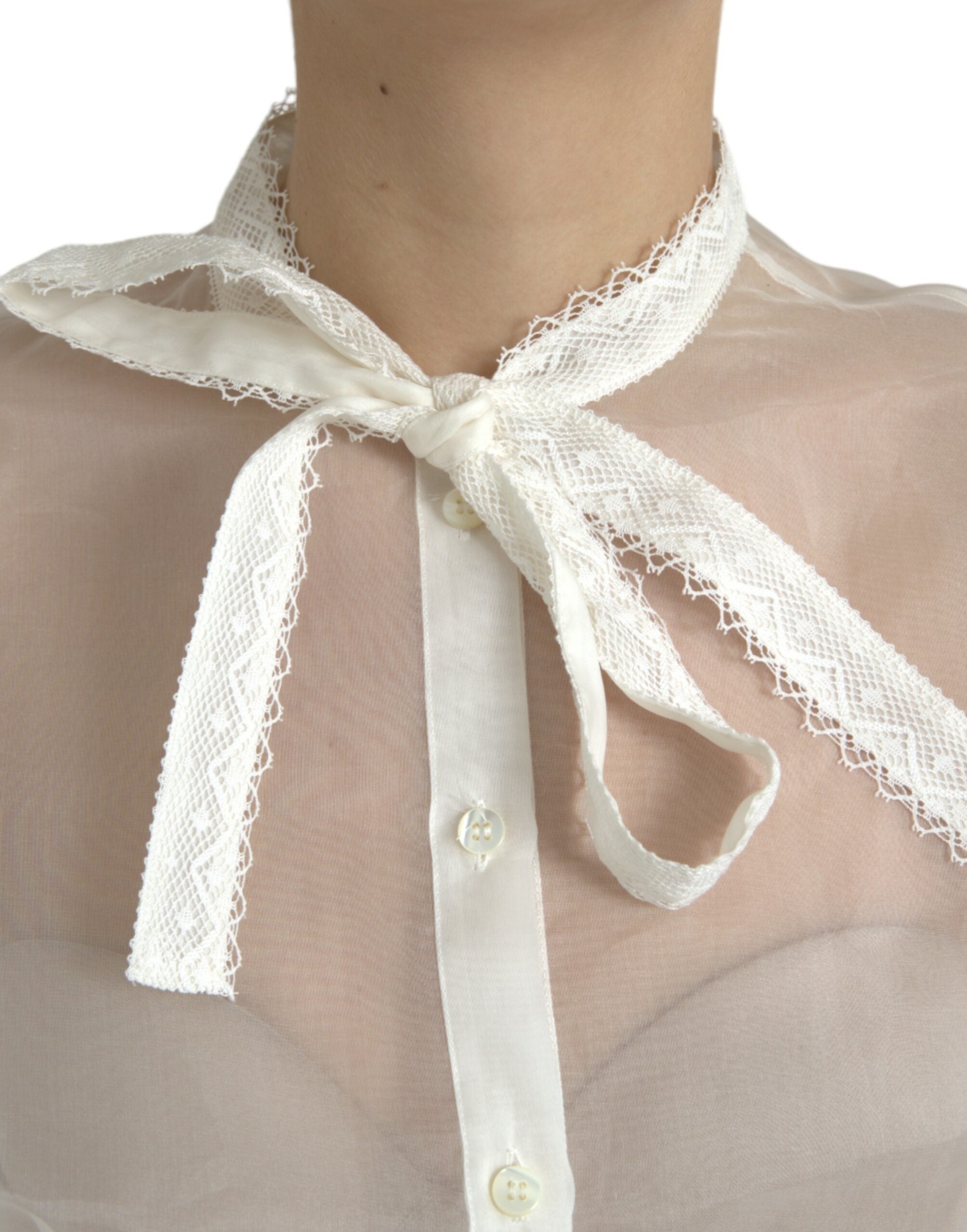 Dolce &amp; Gabbana White Silk Long Sleeves Ascot Collar Top