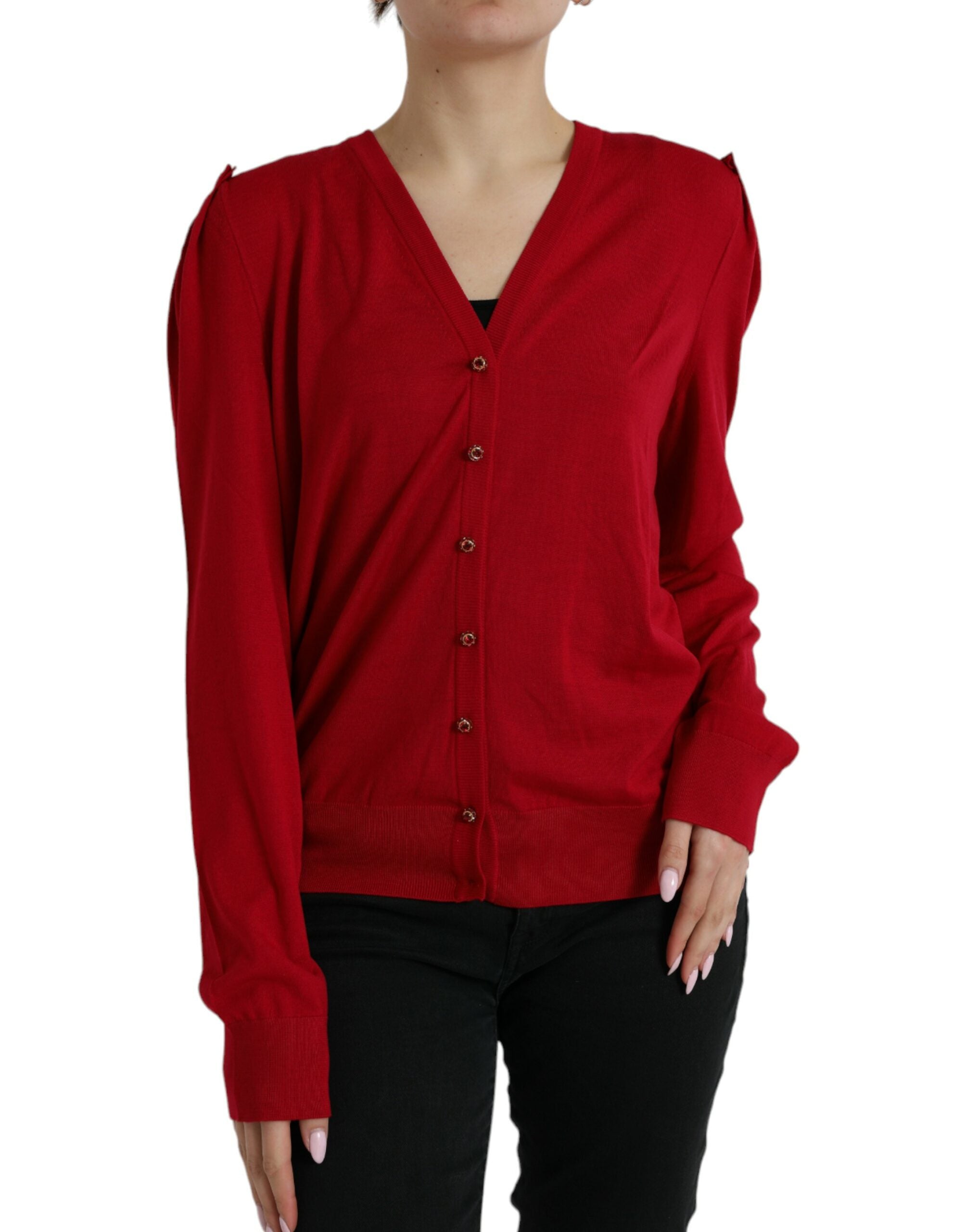 Dolce &amp; Gabbana Red Wool V-neck Buttoned Cardigan Sweater