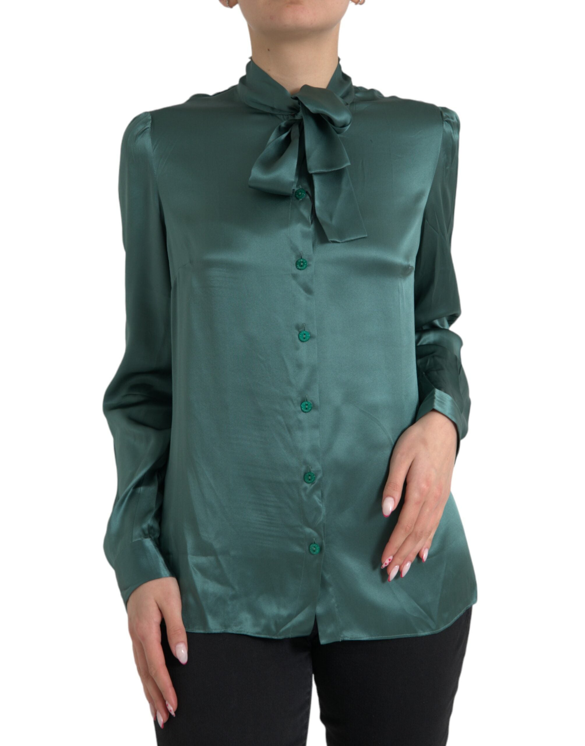 Dolce &amp; Gabbana Dark Green Silk Ascot Collar Blouse Top