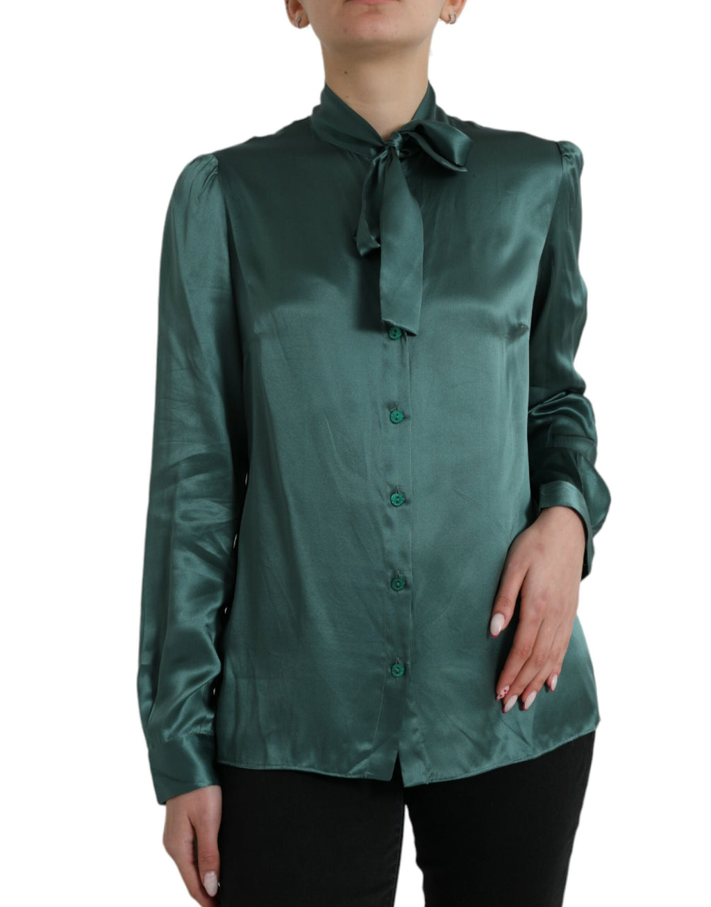 Dolce &amp; Gabbana Dark Green Silk Ascot Collar Blouse Top