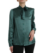 Dolce &amp; Gabbana Dark Green Silk Ascot Collar Blouse Top