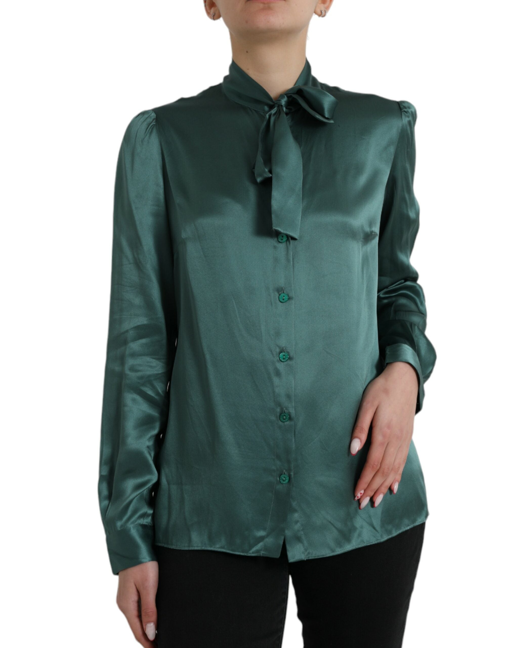 Dolce &amp; Gabbana Dark Green Silk Ascot Collar Blouse Top