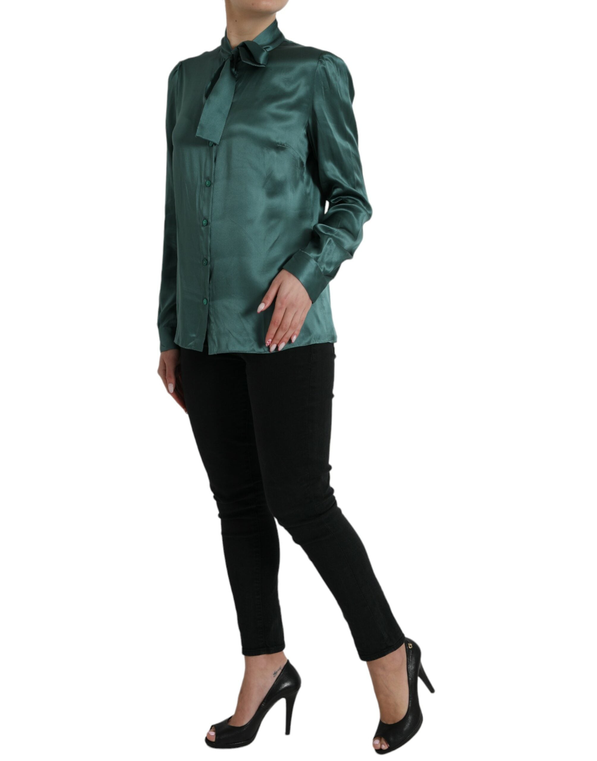 Dolce &amp; Gabbana Dark Green Silk Ascot Collar Blouse Top