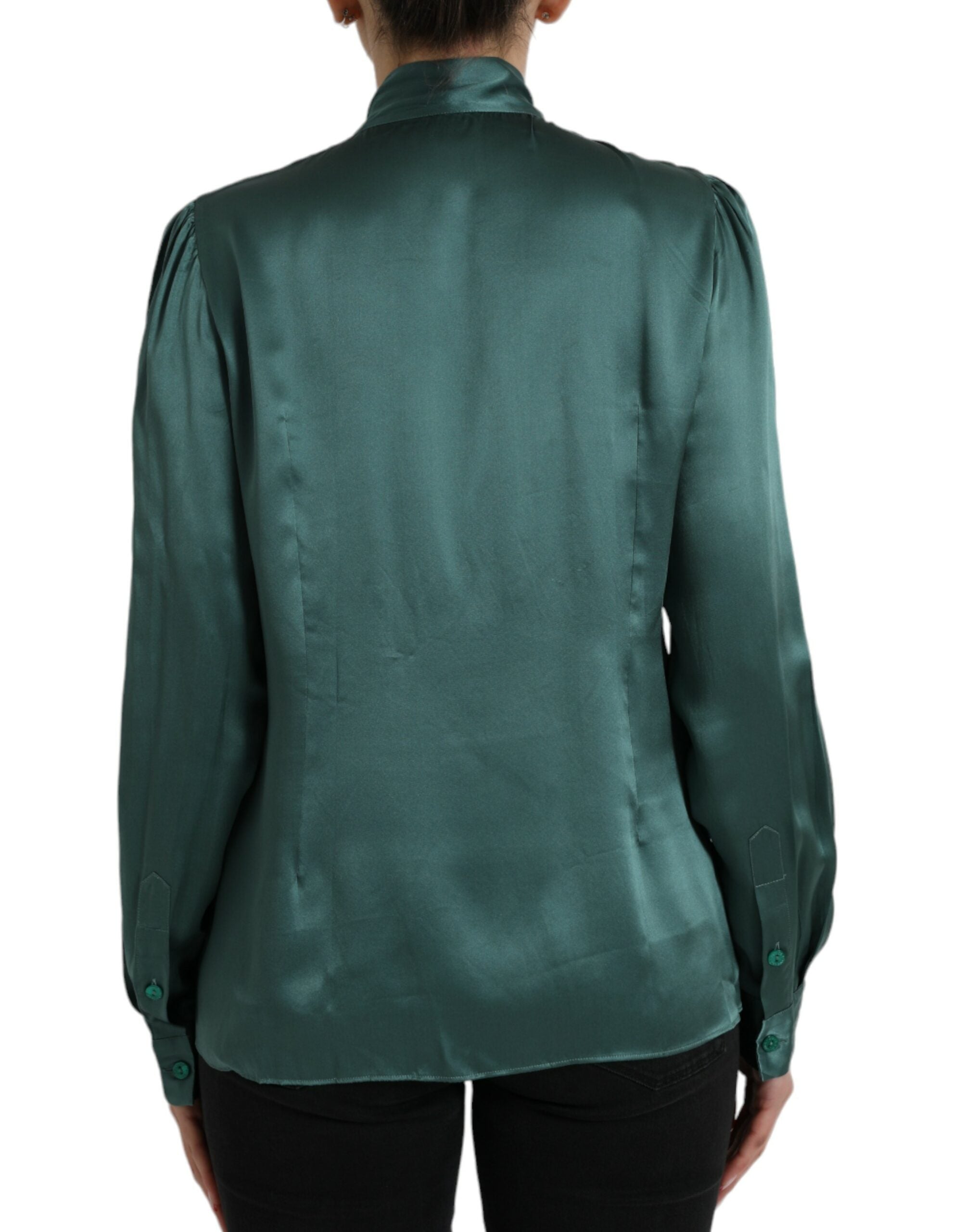 Dolce &amp; Gabbana Dark Green Silk Ascot Collar Blouse Top