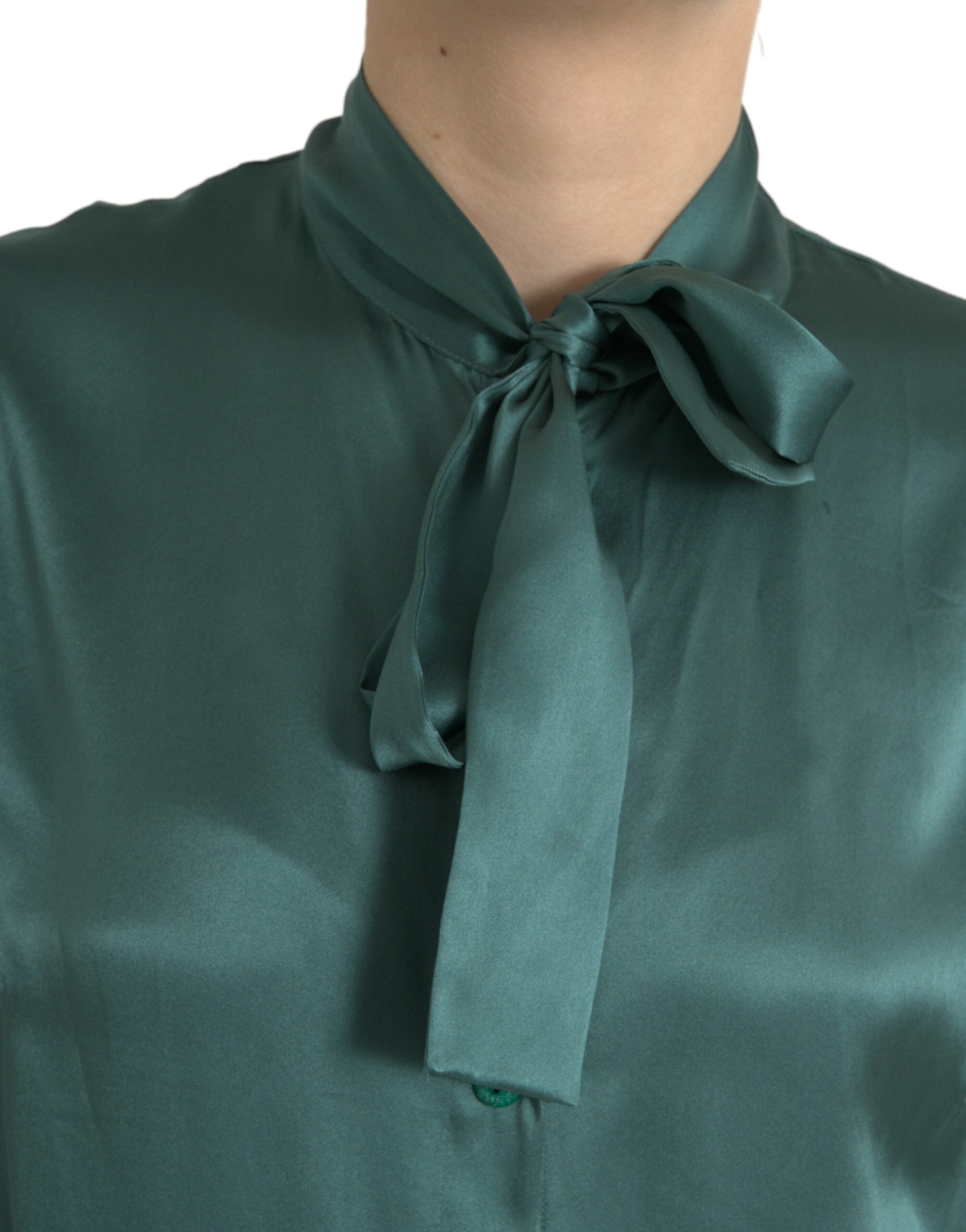 Dolce &amp; Gabbana Dark Green Silk Ascot Collar Blouse Top