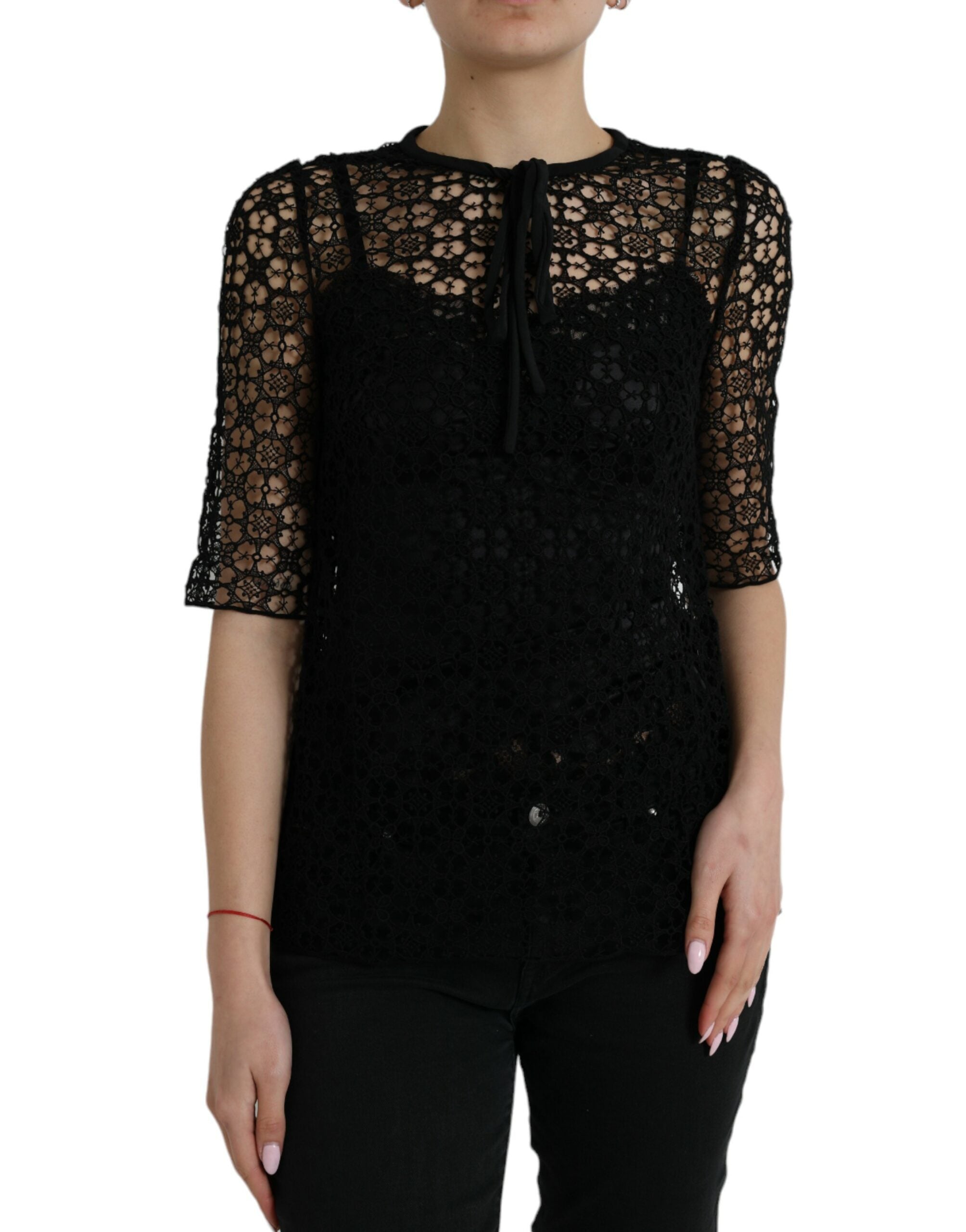 Dolce &amp; Gabbana Black Floral Lace Short Sleeves Blouse Top