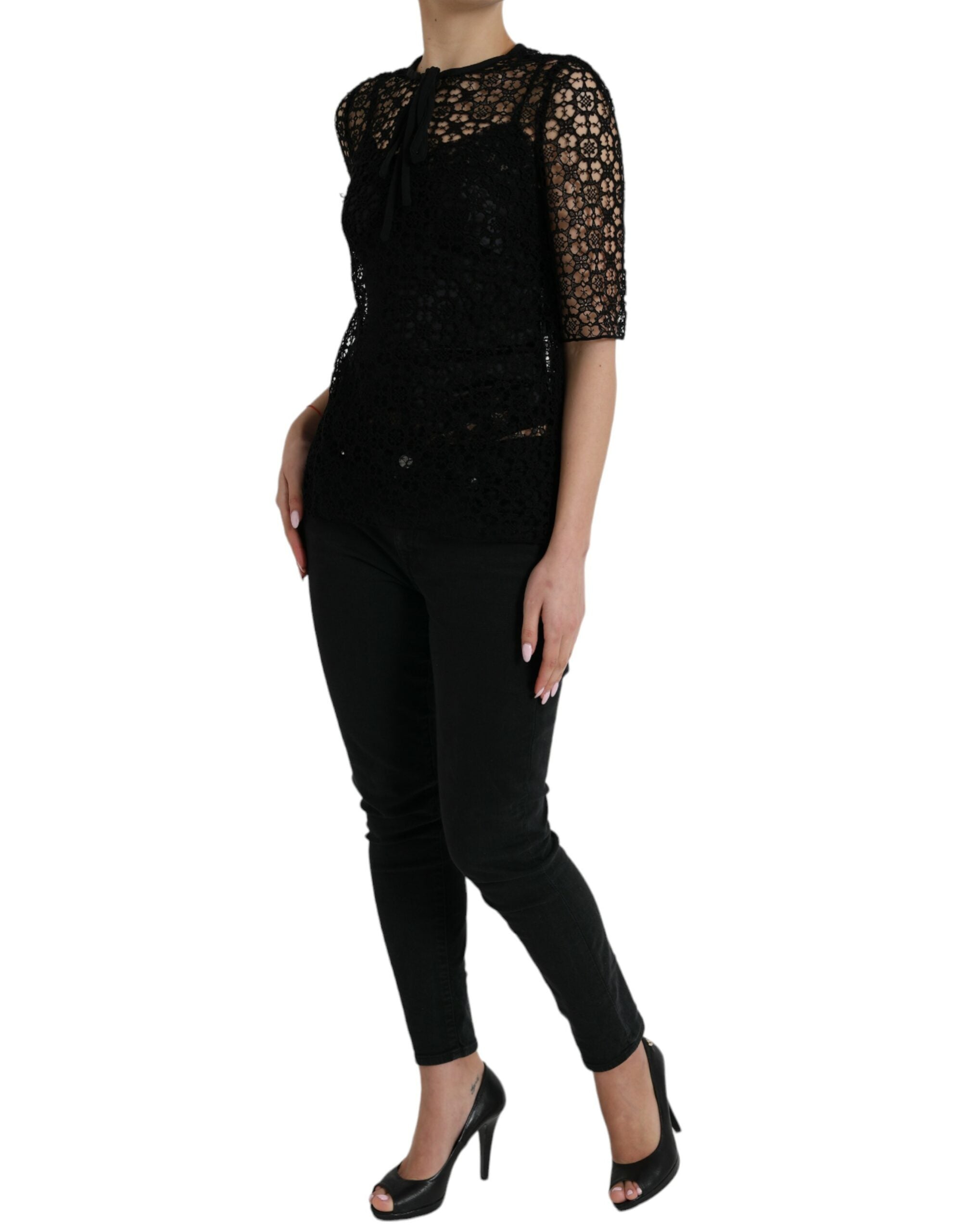 Dolce &amp; Gabbana Black Floral Lace Short Sleeves Blouse Top
