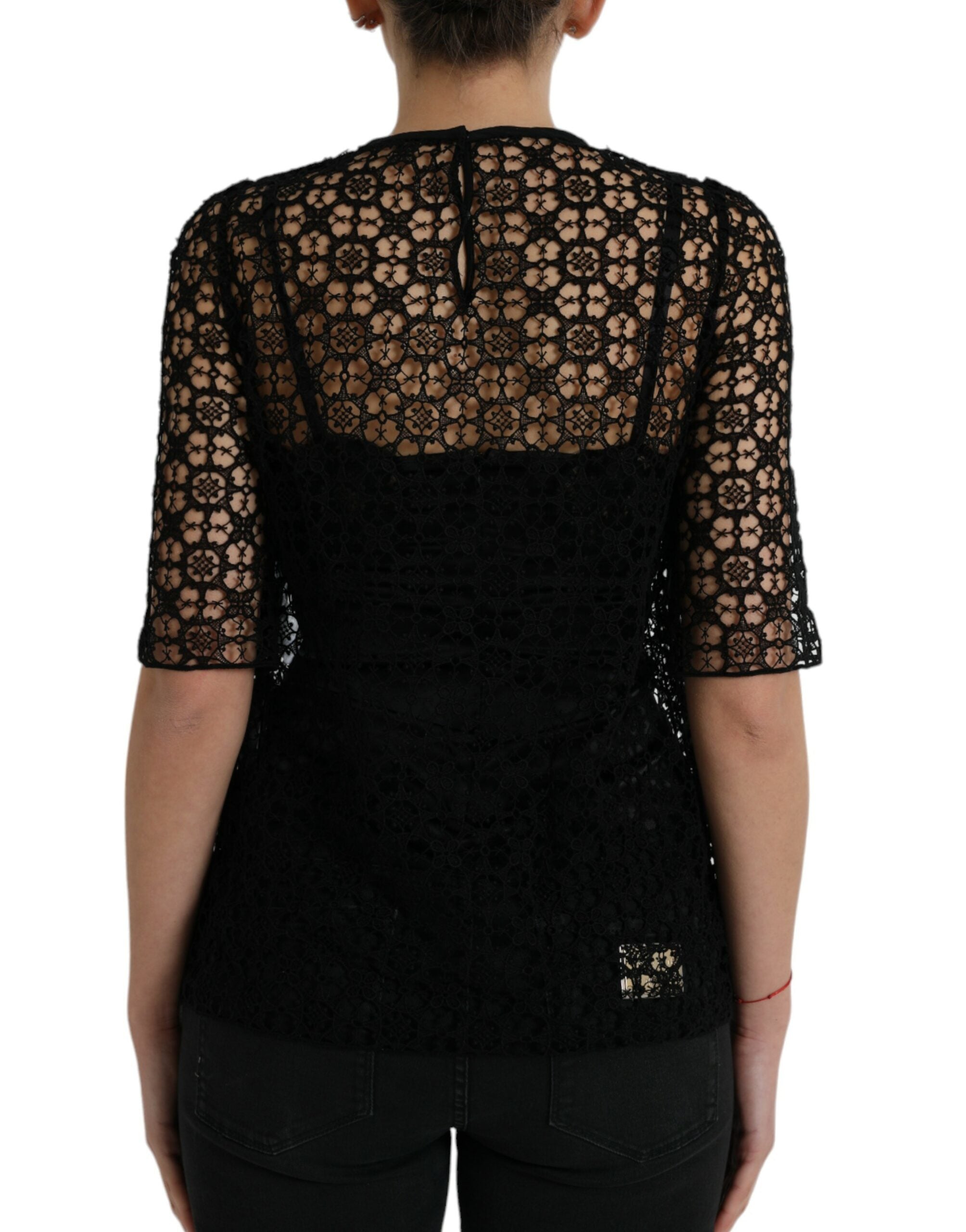 Dolce &amp; Gabbana Black Floral Lace Short Sleeves Blouse Top