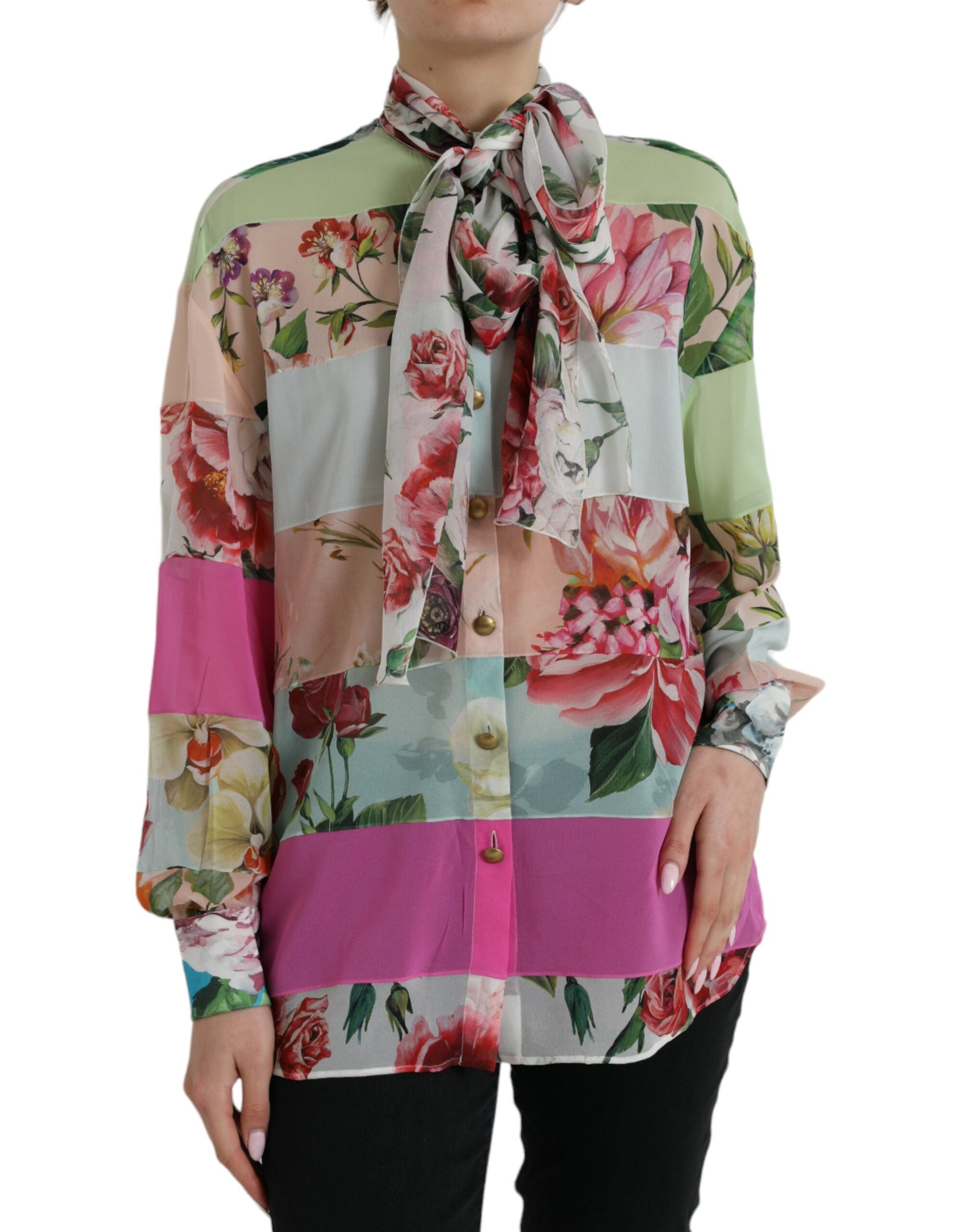 Dolce &amp; Gabbana Multicolor Floral Patchwork Ascot Collar Top
