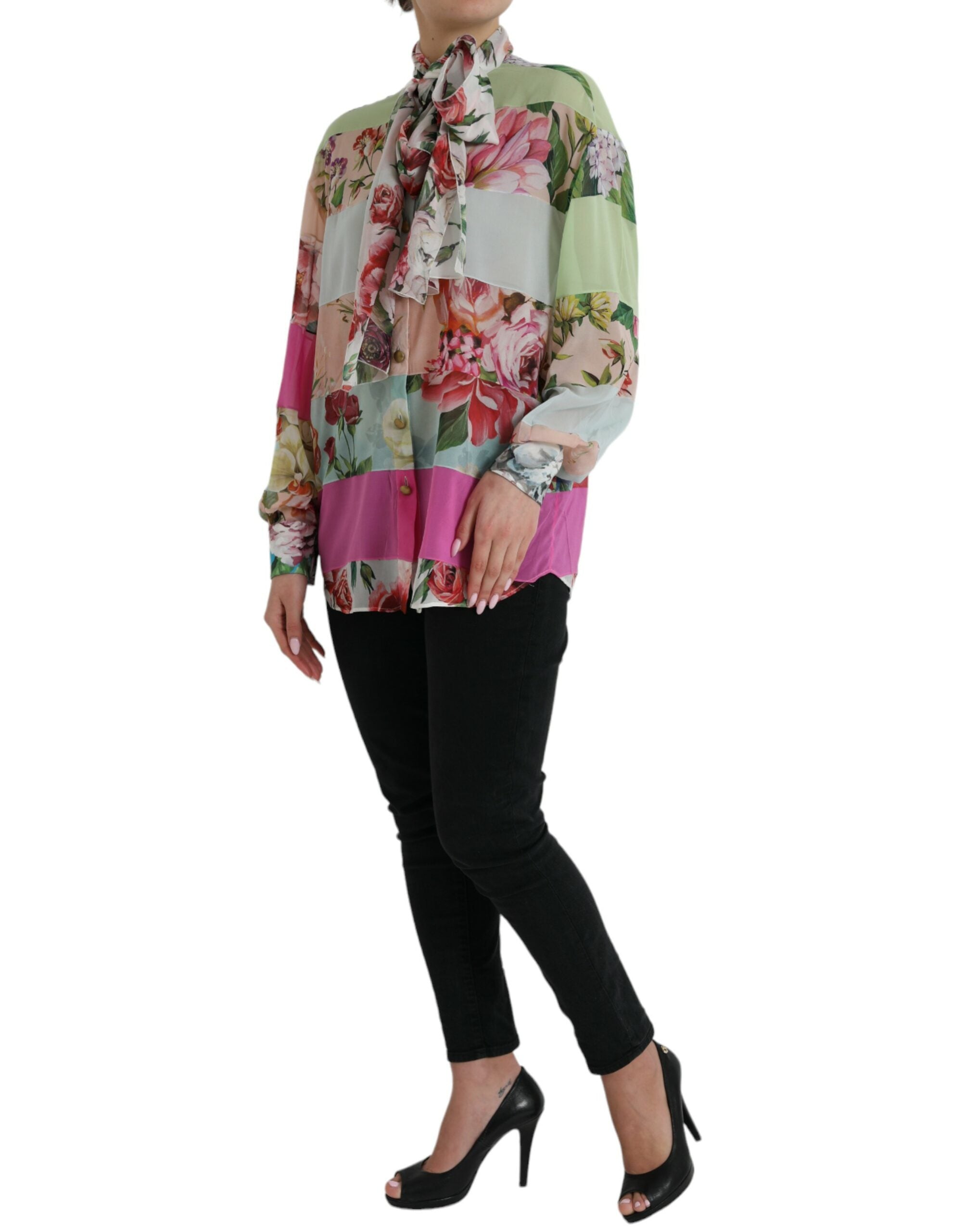 Dolce &amp; Gabbana Multicolor Floral Patchwork Ascot Collar Top