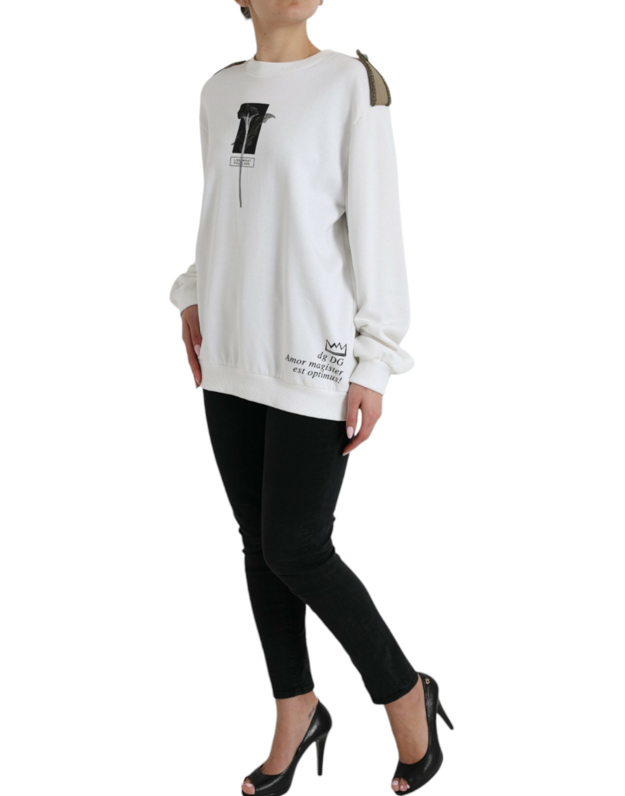 Dolce &amp; Gabbana White Floral Cotton Crew Neck Pullover Sweater