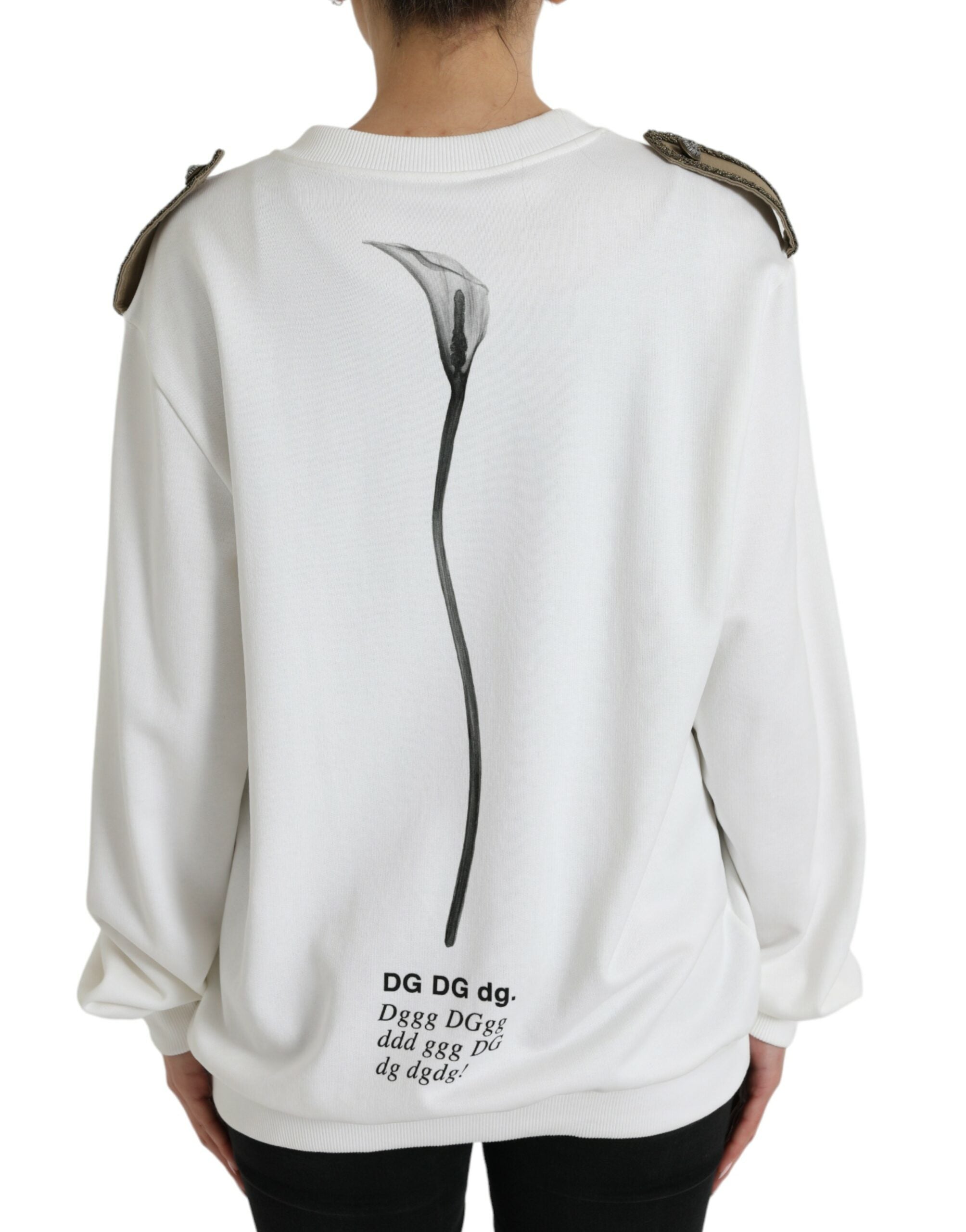 Dolce &amp; Gabbana White Floral Cotton Crew Neck Pullover Sweater