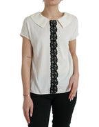 Dolce &amp; Gabbana Off White Silk Lace Trim Short Sleeves Top