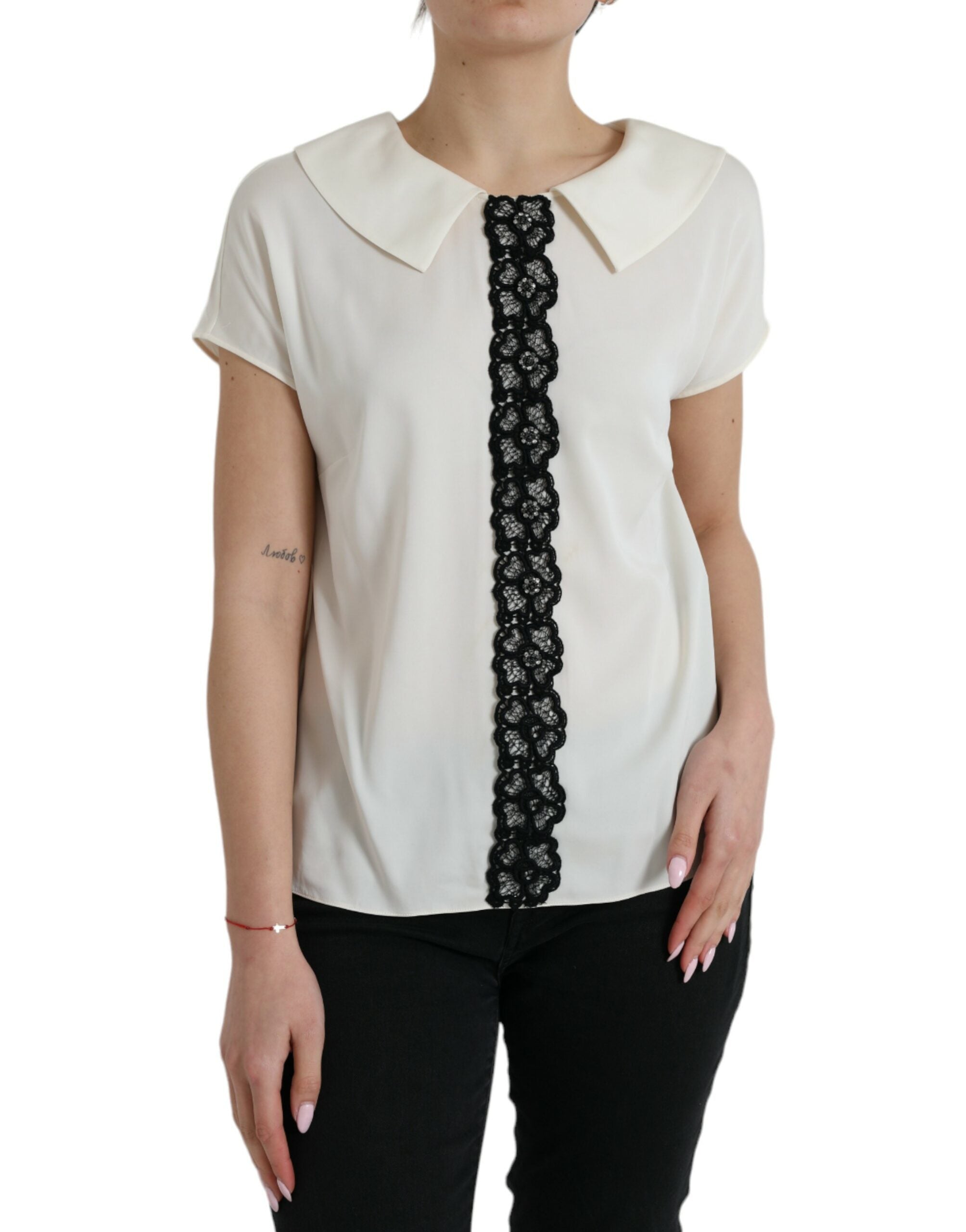 Dolce &amp; Gabbana Off White Silk Lace Trim Short Sleeves Top