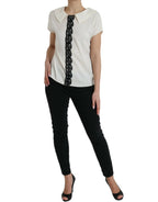 Dolce &amp; Gabbana Off White Silk Lace Trim Short Sleeves Top