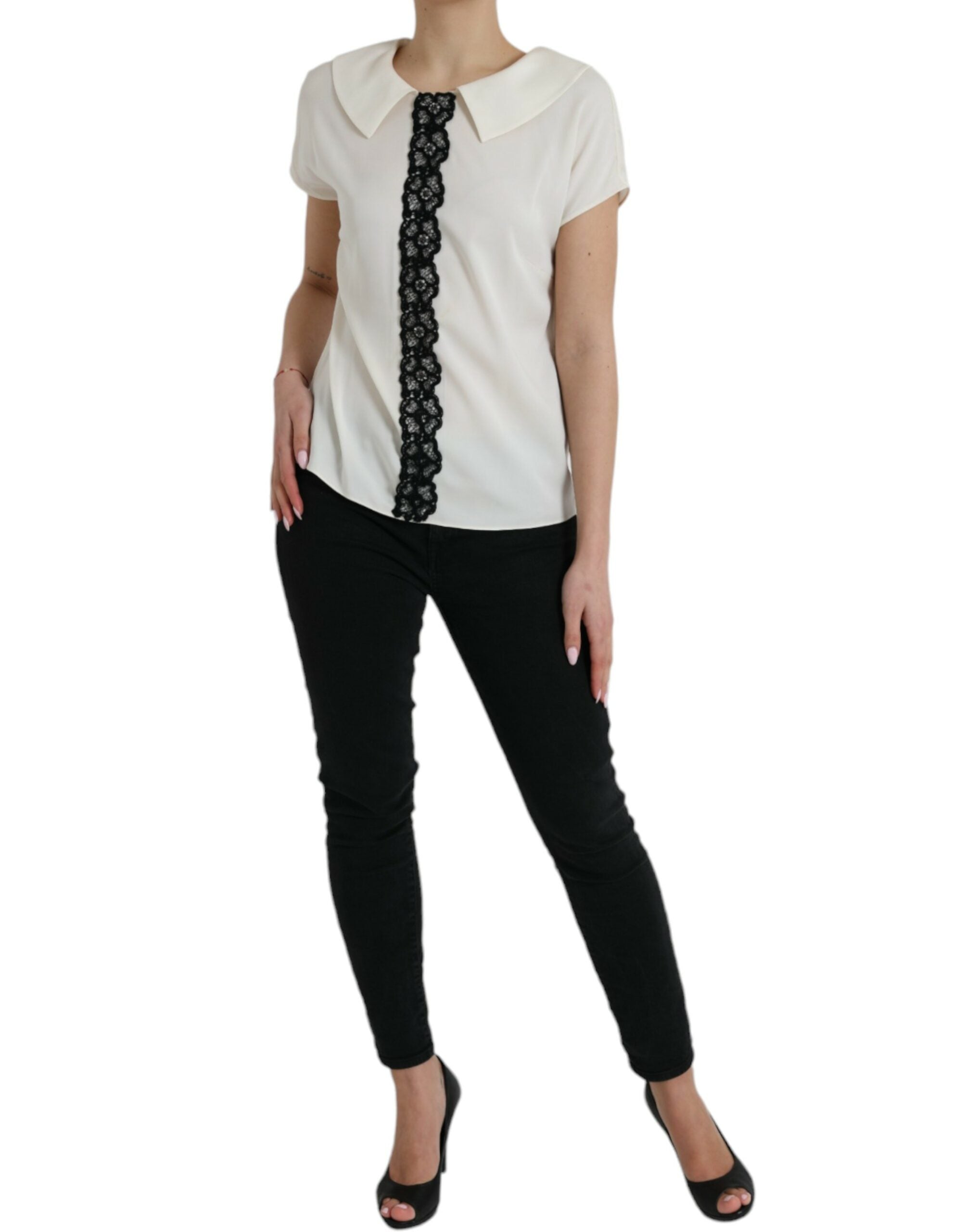 Dolce &amp; Gabbana Off White Silk Lace Trim Short Sleeves Top