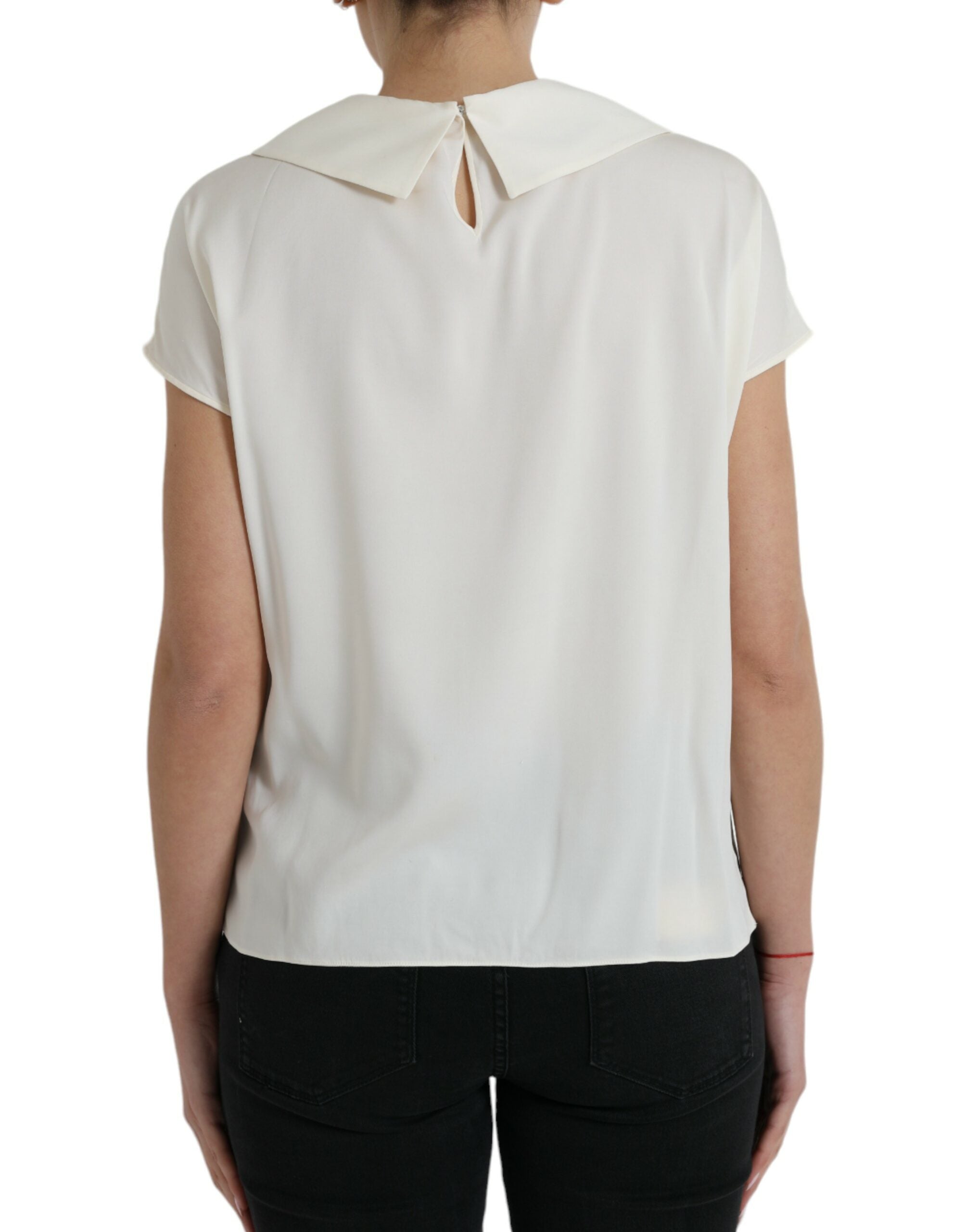 Dolce &amp; Gabbana Off White Silk Lace Trim Short Sleeves Top