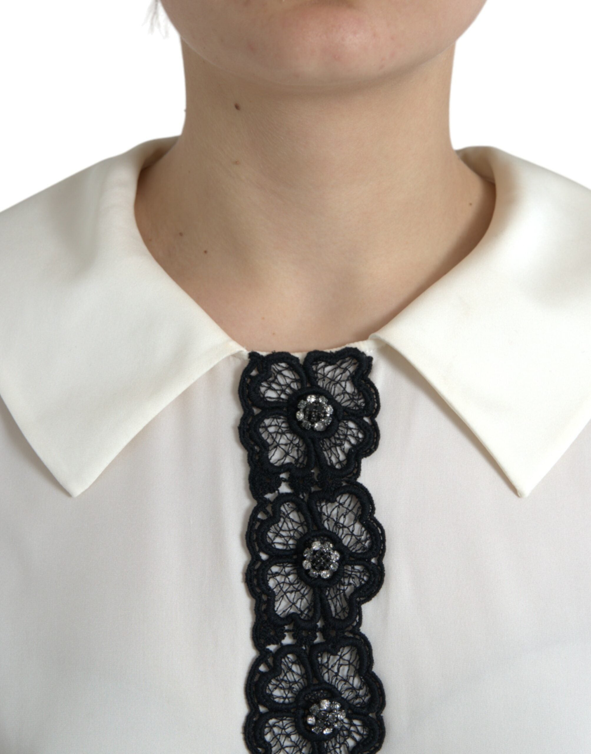 Dolce &amp; Gabbana Off White Silk Lace Trim Short Sleeves Top