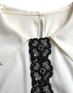 Dolce &amp; Gabbana Off White Silk Lace Trim Short Sleeves Top