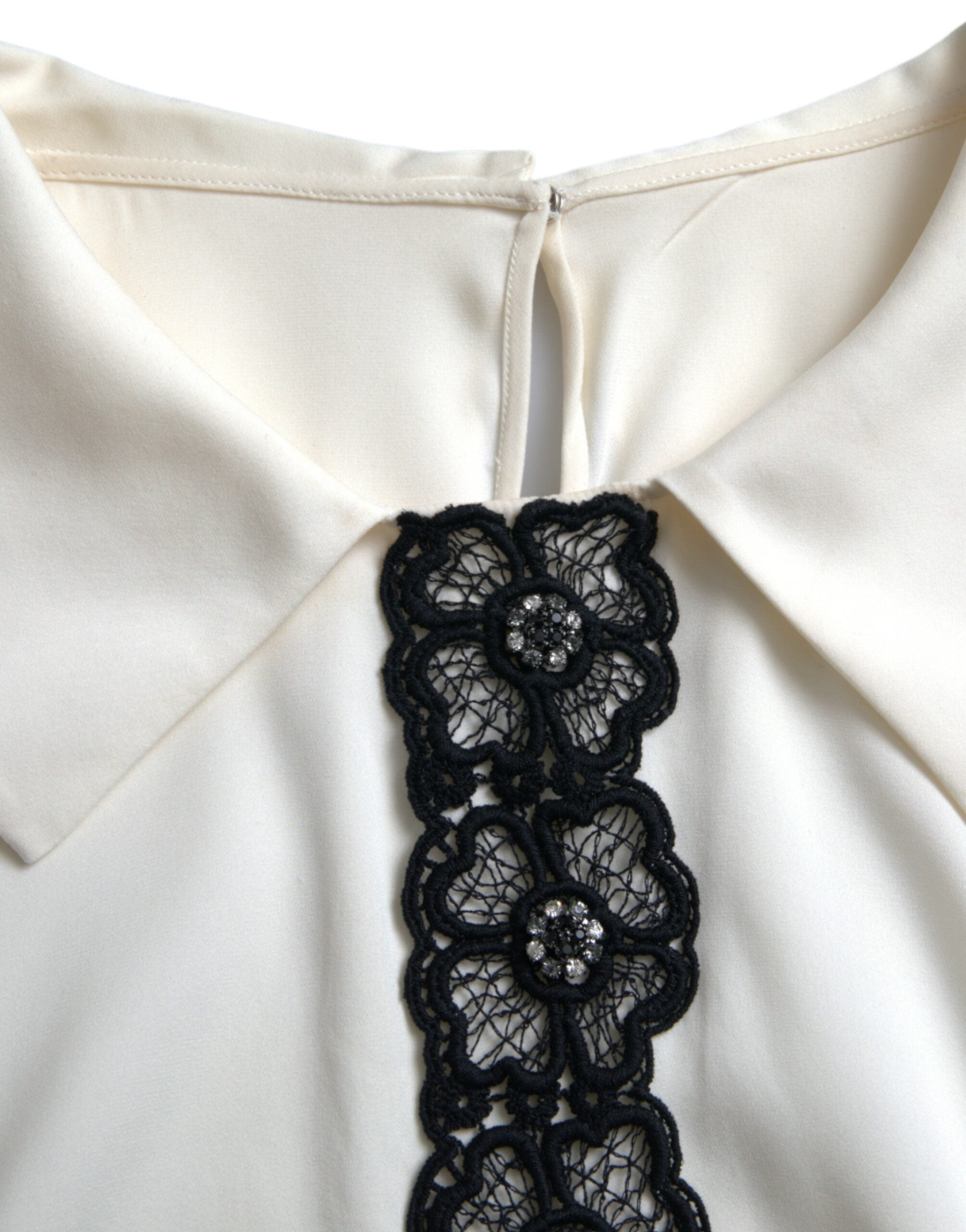 Dolce &amp; Gabbana Off White Silk Lace Trim Short Sleeves Top
