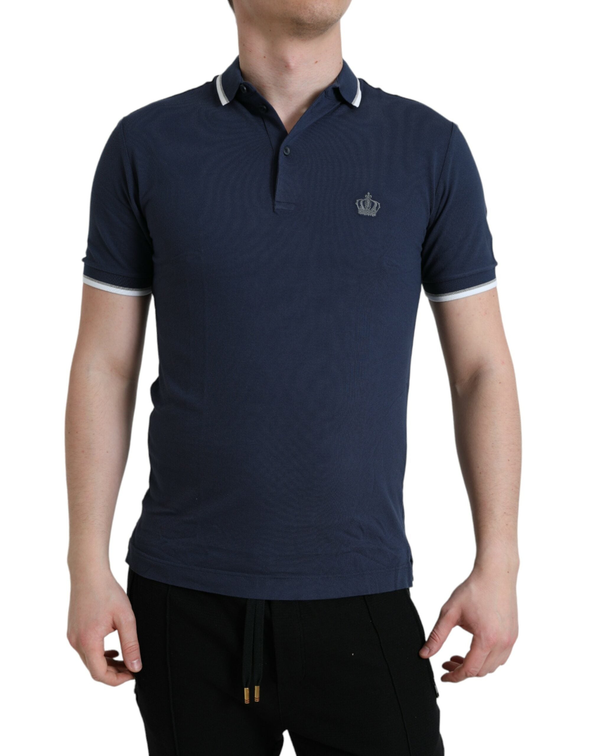 Dolce &amp; Gabbana Blue Crown Patch Cotton Collared Men Polo T-shirt