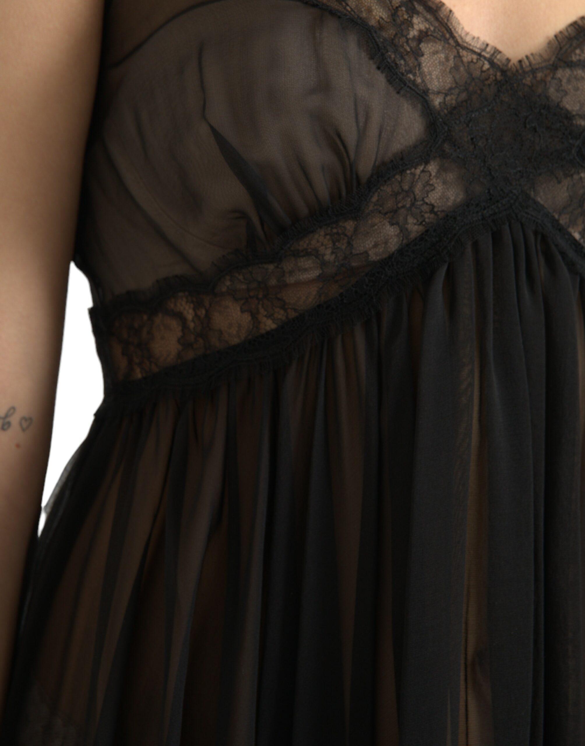 Dolce &amp; Gabbana Black Silk Pleated Lace Chiffon Mini Dress
