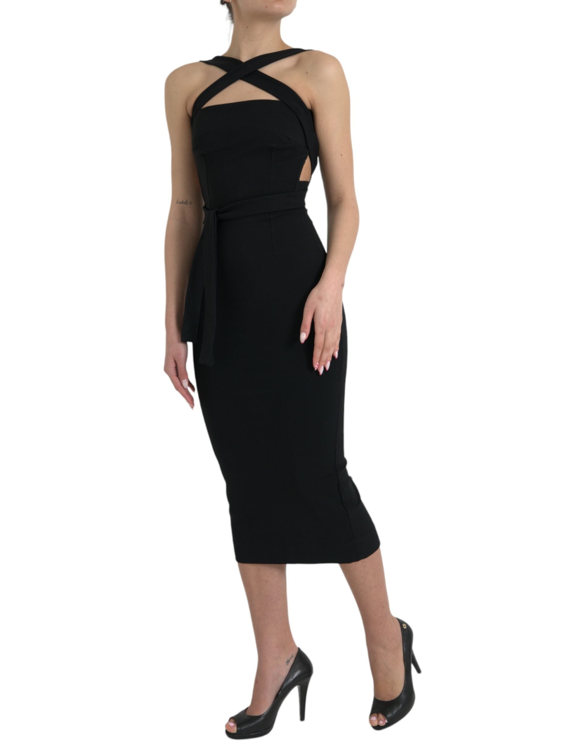 Dolce &amp; Gabbana Black Sheath Halter Sleeveless Midi Dress