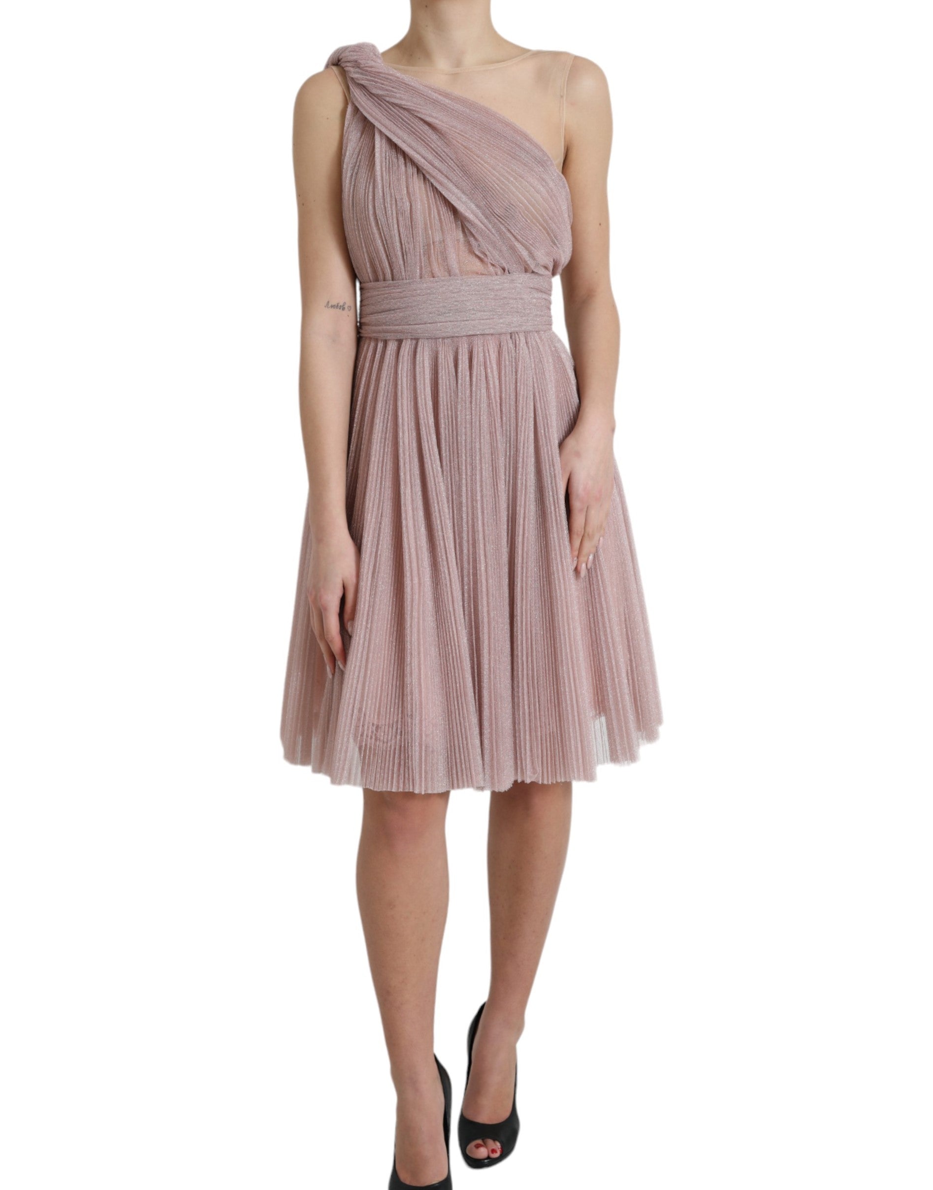 Dolce &amp; Gabbana Light Lilac Pleated Lame Tulle One Shoulder Dress