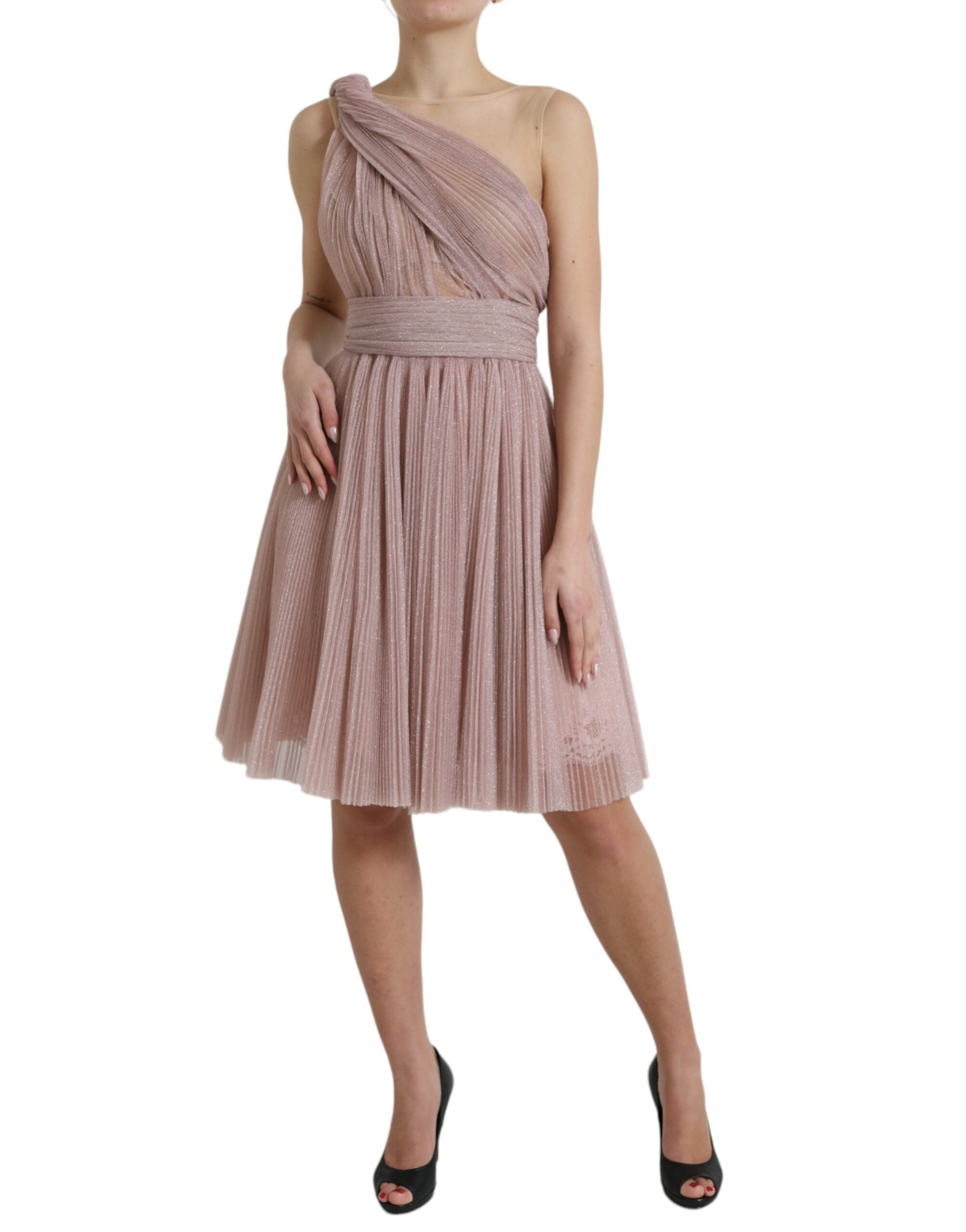 Dolce &amp; Gabbana Light Lilac Pleated Lame Tulle One Shoulder Dress
