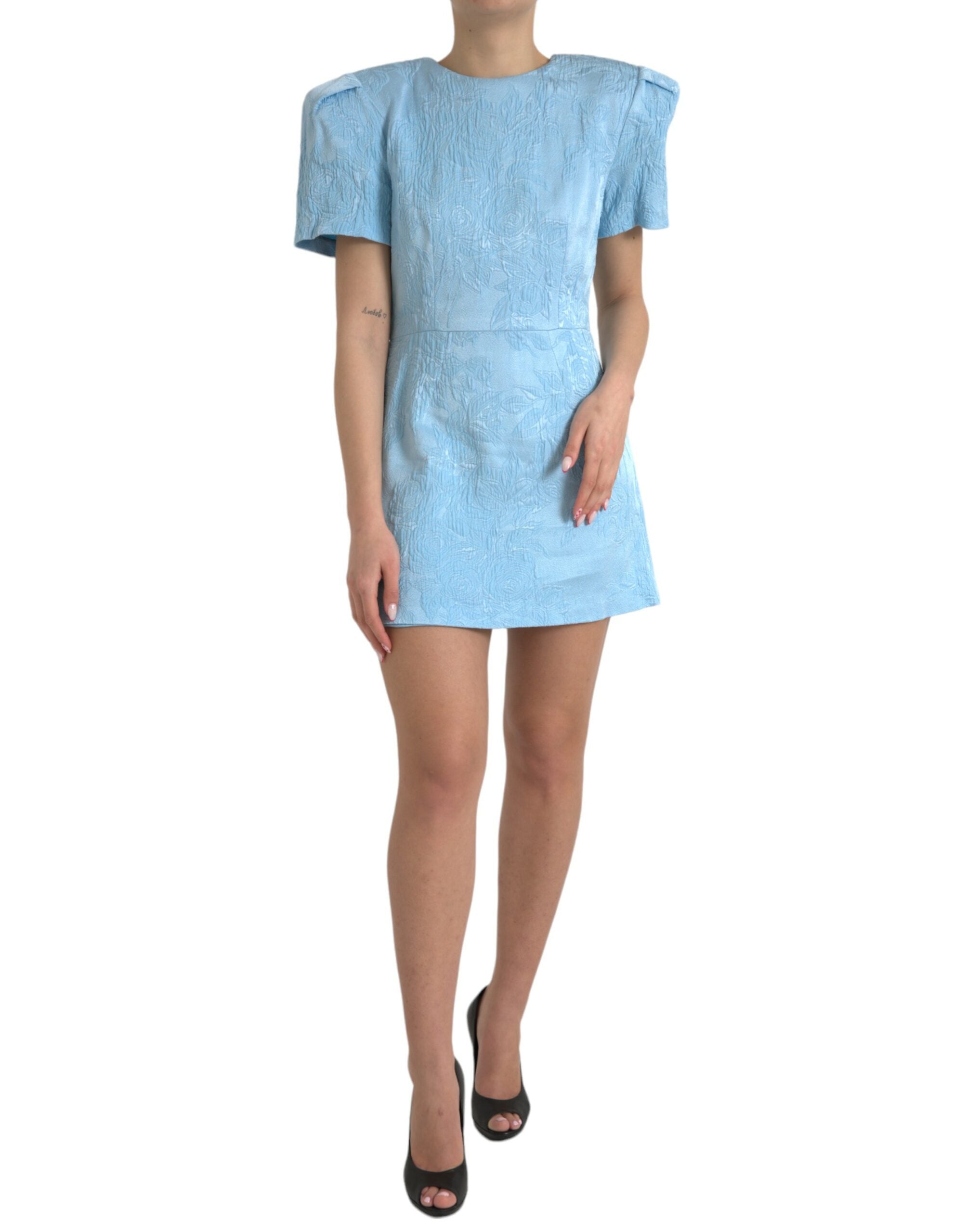 Dolce &amp; Gabbana Light Blue Floral Jacquard Puff Sleeve Mini Dress