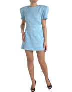 Dolce &amp; Gabbana Light Blue Floral Jacquard Puff Sleeve Mini Dress