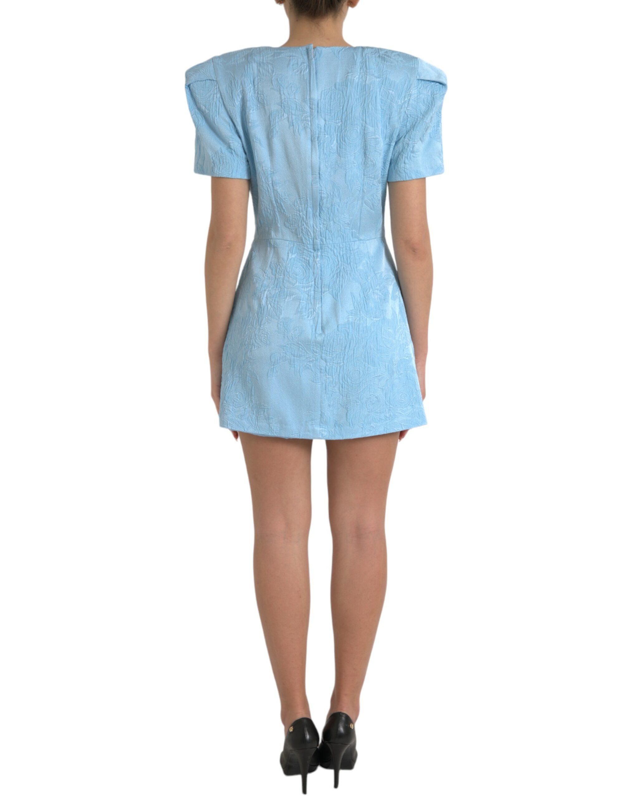 Dolce &amp; Gabbana Light Blue Floral Jacquard Puff Sleeve Mini Dress