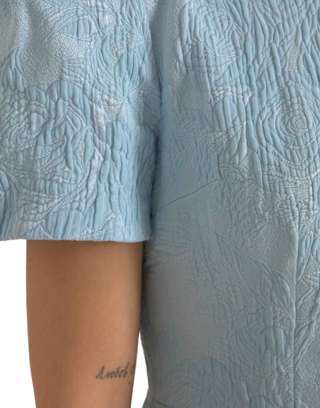 Dolce &amp; Gabbana Light Blue Floral Jacquard Puff Sleeve Mini Dress