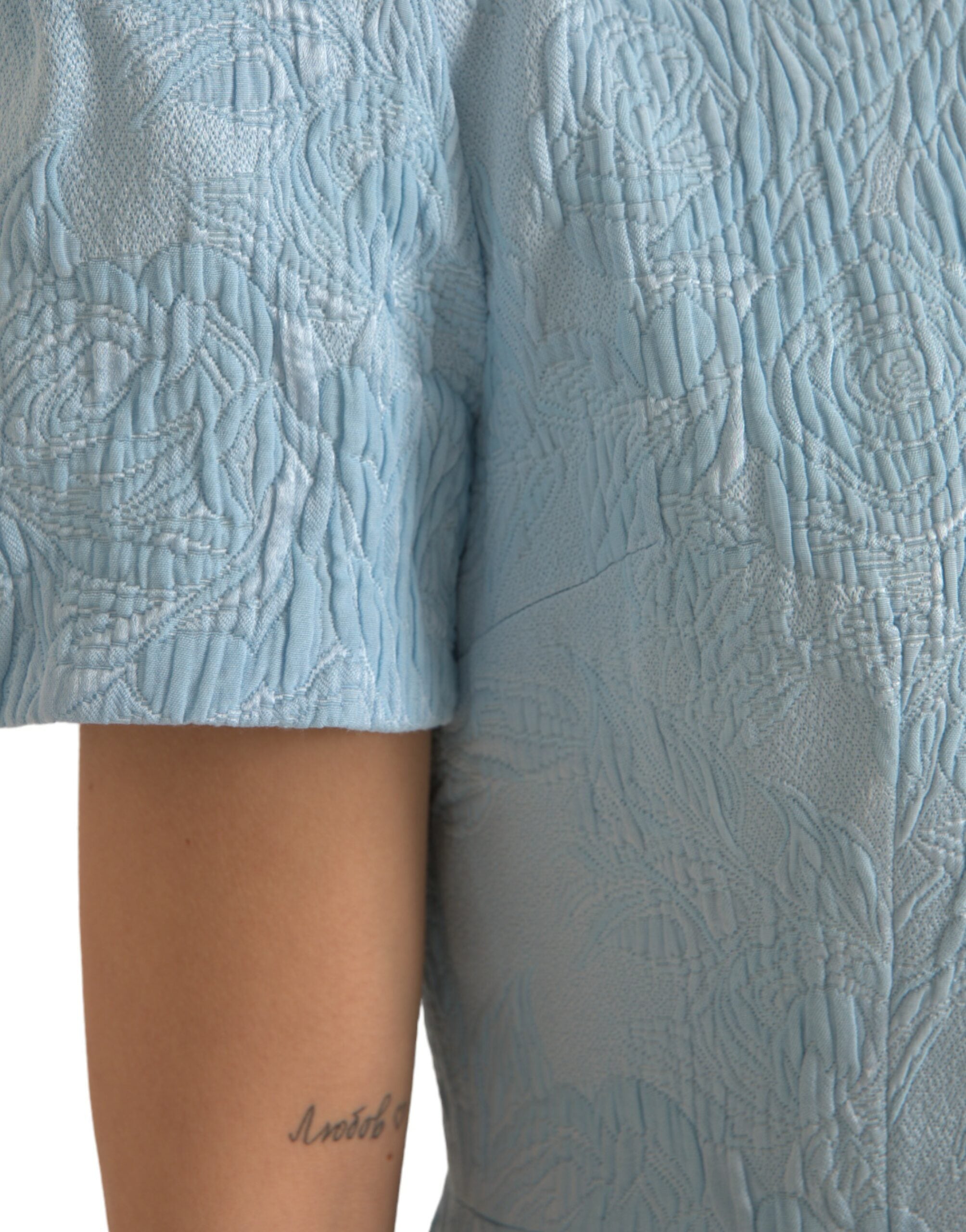 Dolce &amp; Gabbana Light Blue Floral Jacquard Puff Sleeve Mini Dress