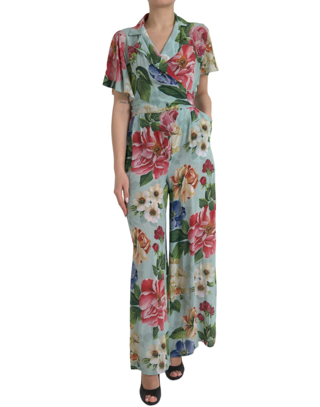 Dolce &amp; Gabbana Blue Floral Wide Leg Wrap Jumpsuit Dress