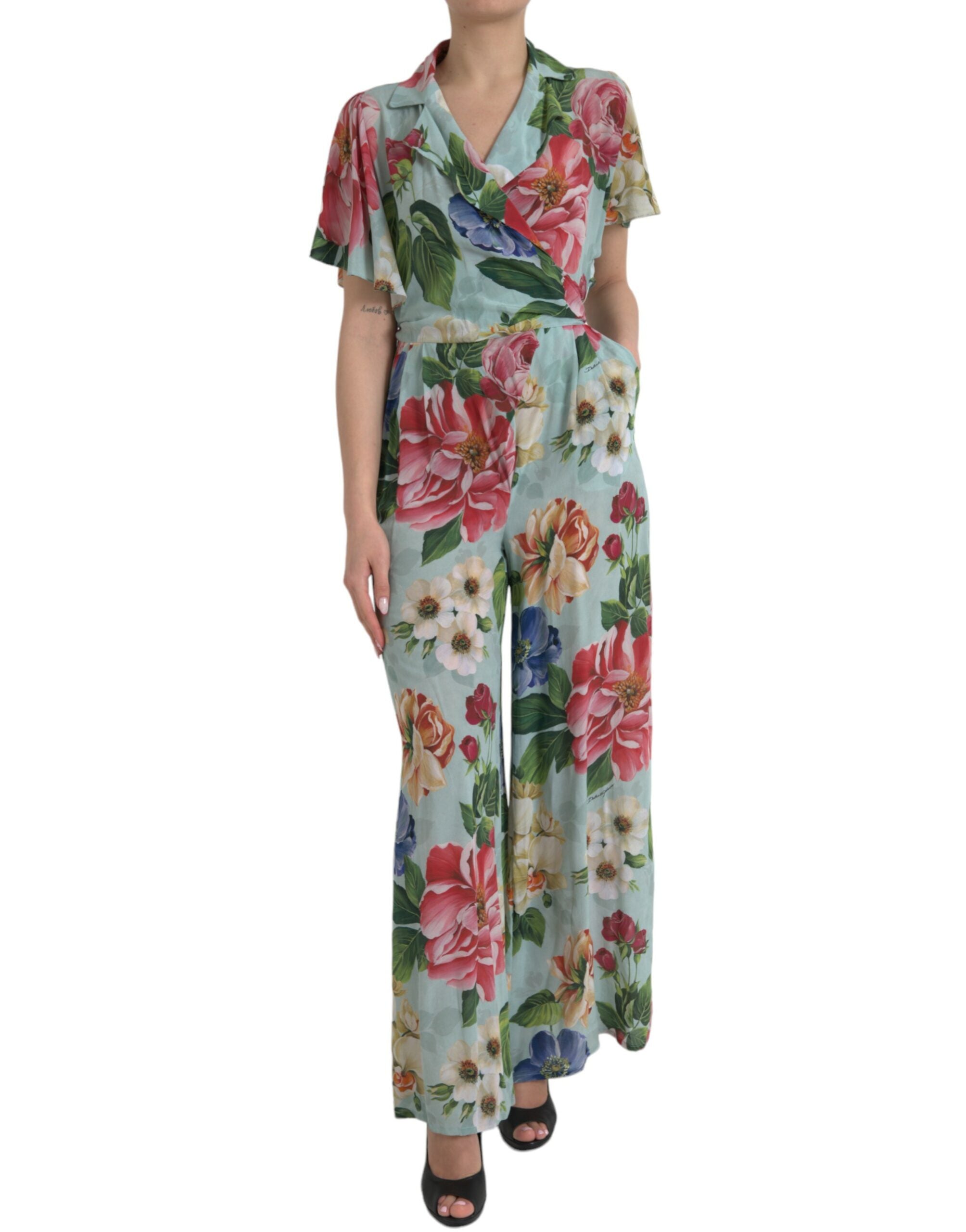 Dolce &amp; Gabbana Blue Floral Wide Leg Wrap Jumpsuit Dress