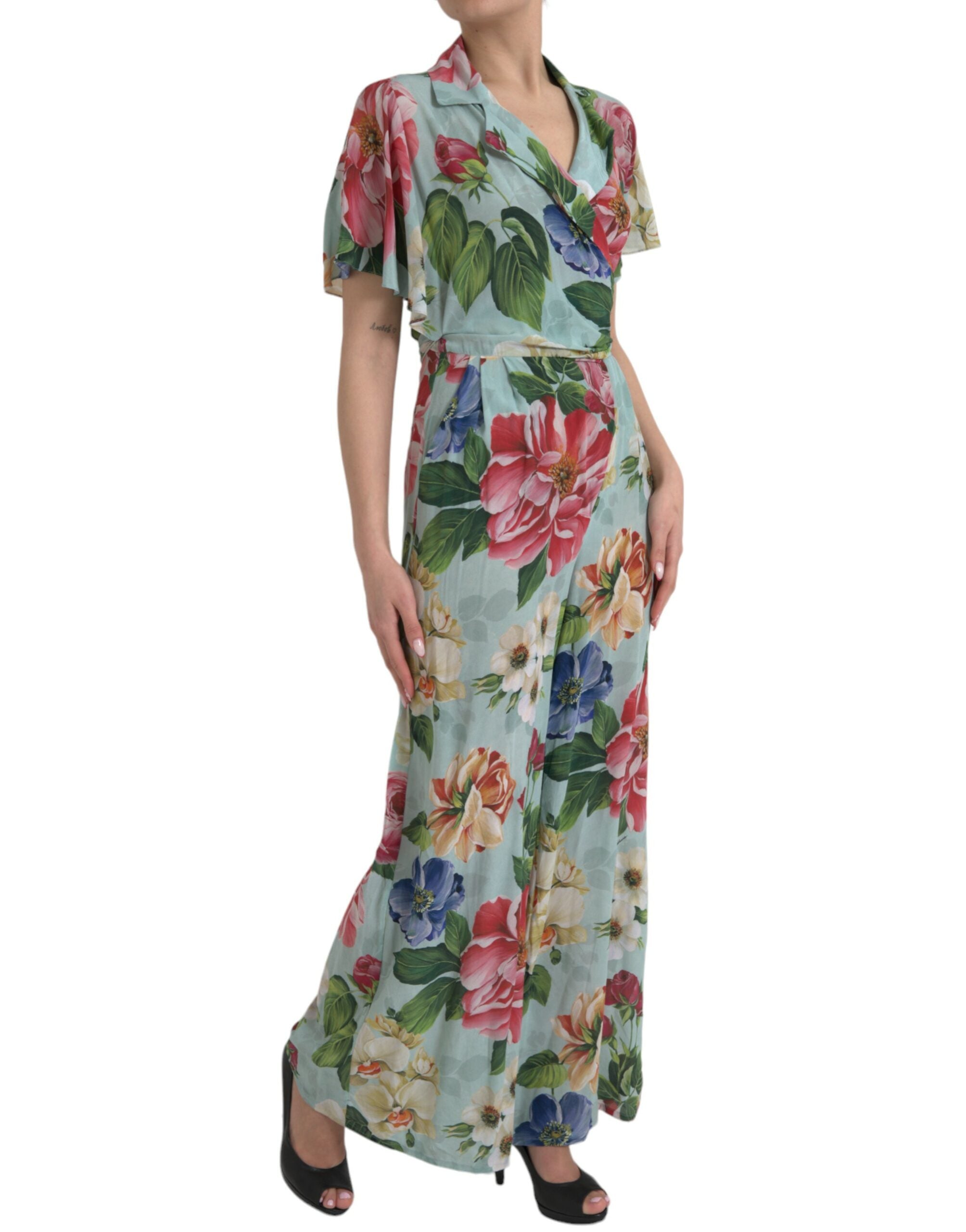 Dolce &amp; Gabbana Blue Floral Wide Leg Wrap Jumpsuit Dress