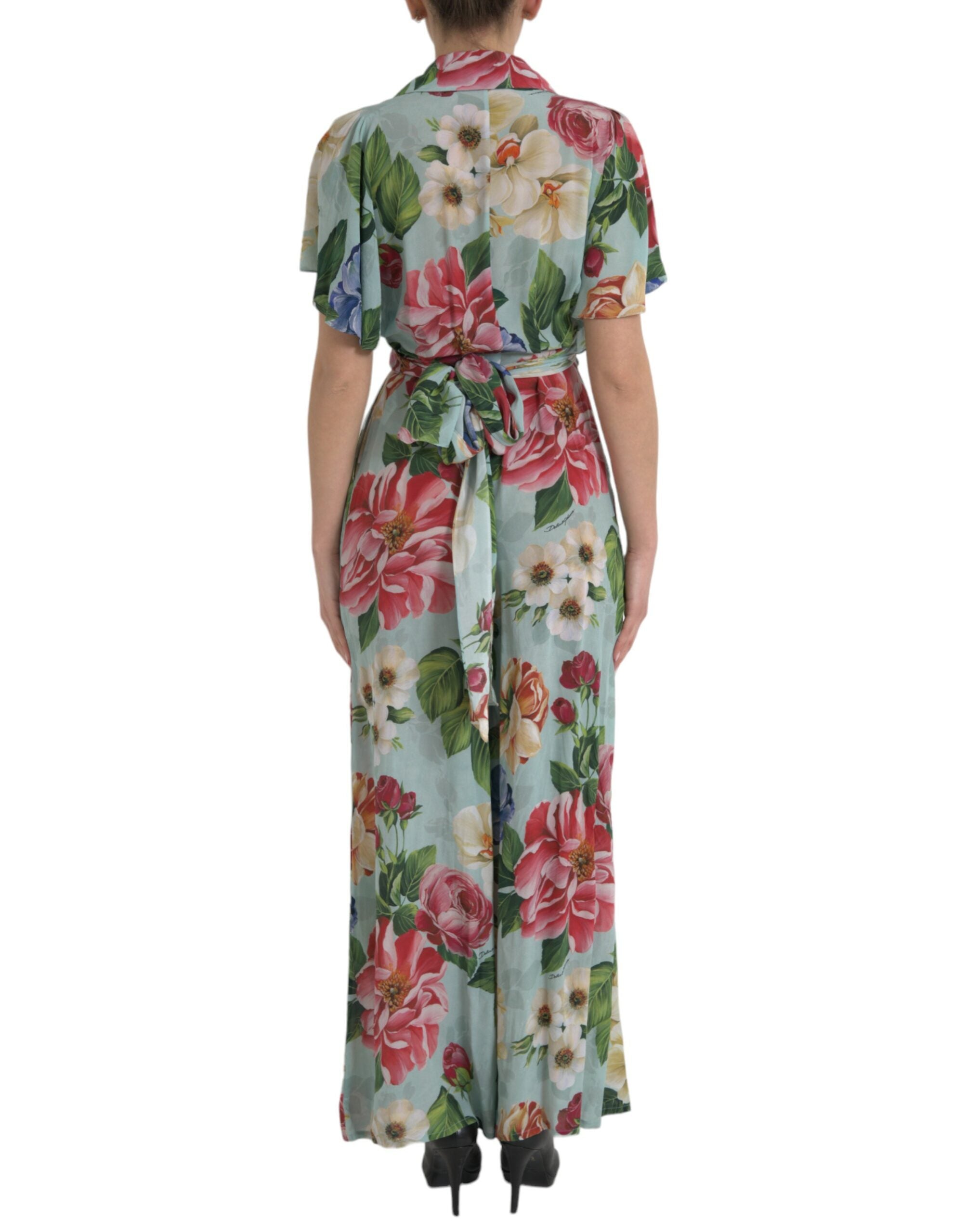 Dolce &amp; Gabbana Blue Floral Wide Leg Wrap Jumpsuit Dress