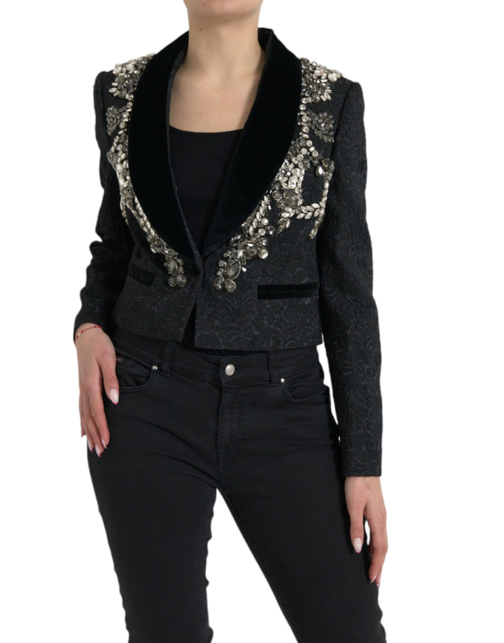 Dolce &amp; Gabbana Black Crystal Embellished Overcoat Jacket