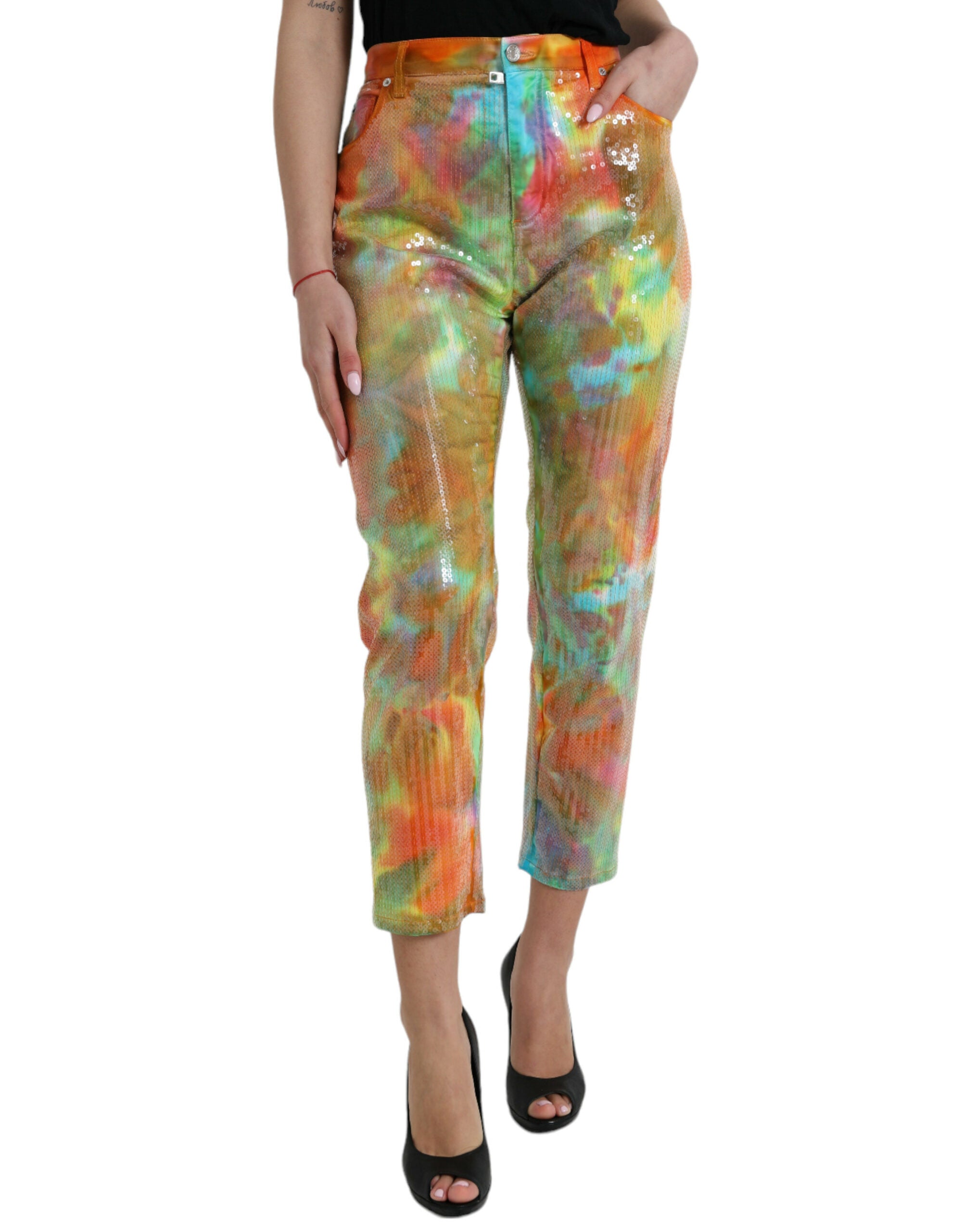 Dolce &amp; Gabbana Multicolor Tie Dye Sequined High Waist Cropped Pants