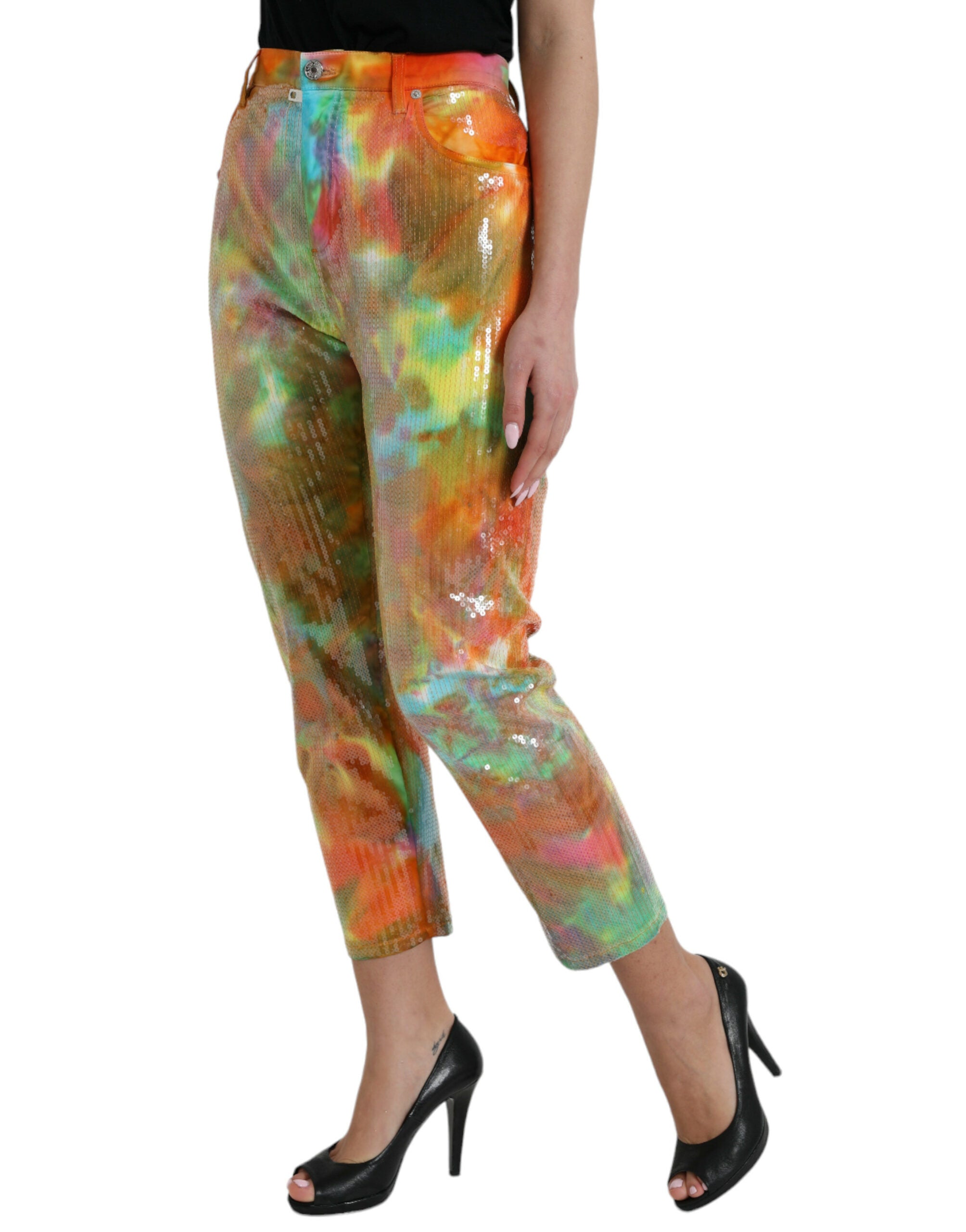 Dolce &amp; Gabbana Multicolor Tie Dye Sequined High Waist Cropped Pants