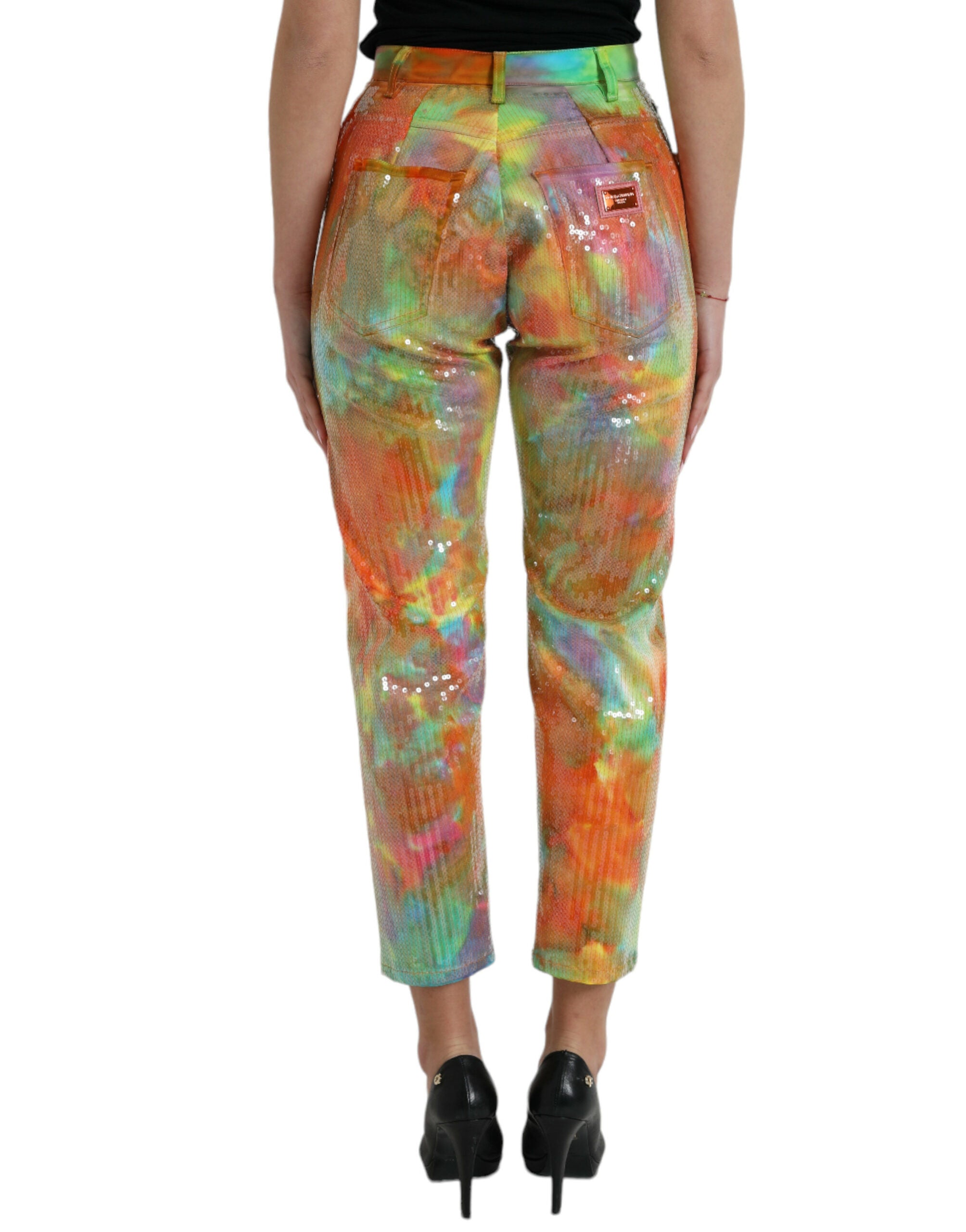Dolce &amp; Gabbana Multicolor Tie Dye Sequined High Waist Cropped Pants